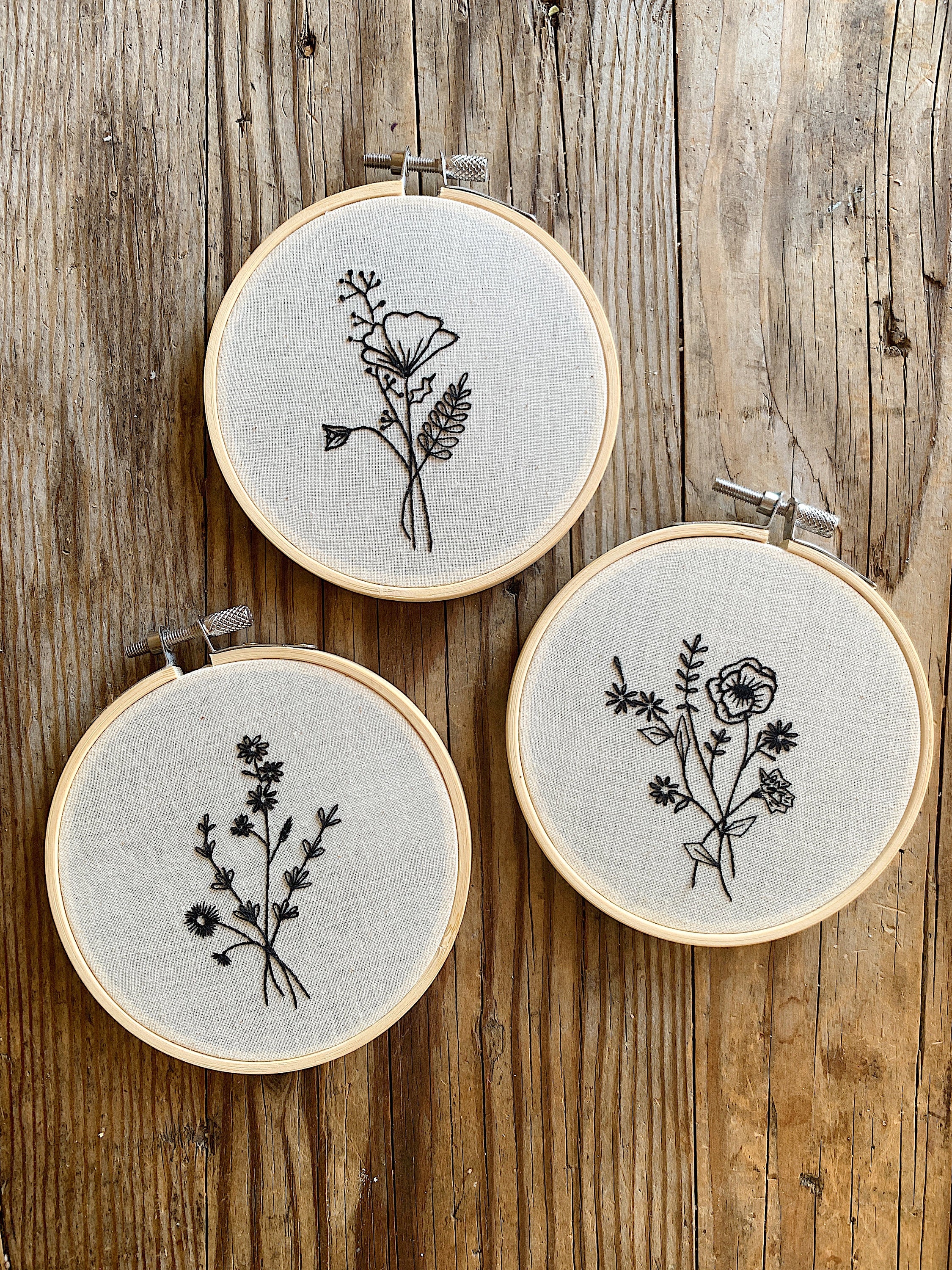 Hand Embroidered Black Line Flower Bouquet Hoop Art Wall Hanging - The Comfiest Cheetah Flats