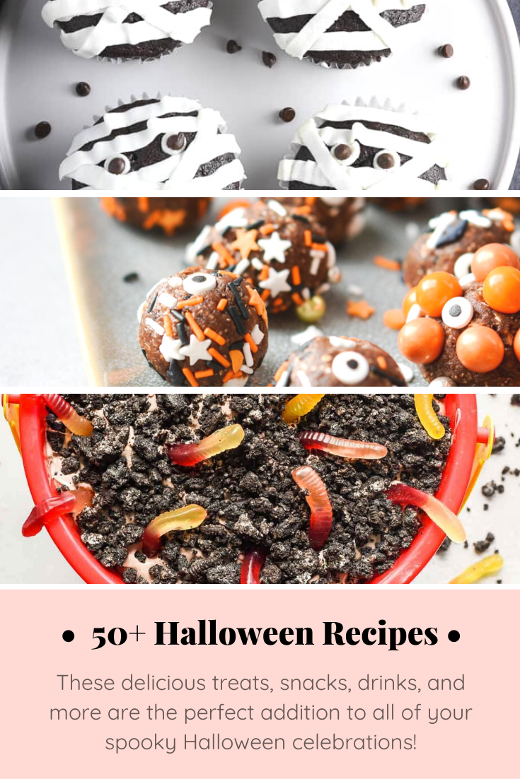 From savory appetizers to spooky sweet desserts to brilliant punch ideas, this spooktacular list, chock full of 50+ fun Halloween recipes, has everything you'll need for one epic Halloween celebration! Click through for the recipes. | glitterinc.com | @glitterinc