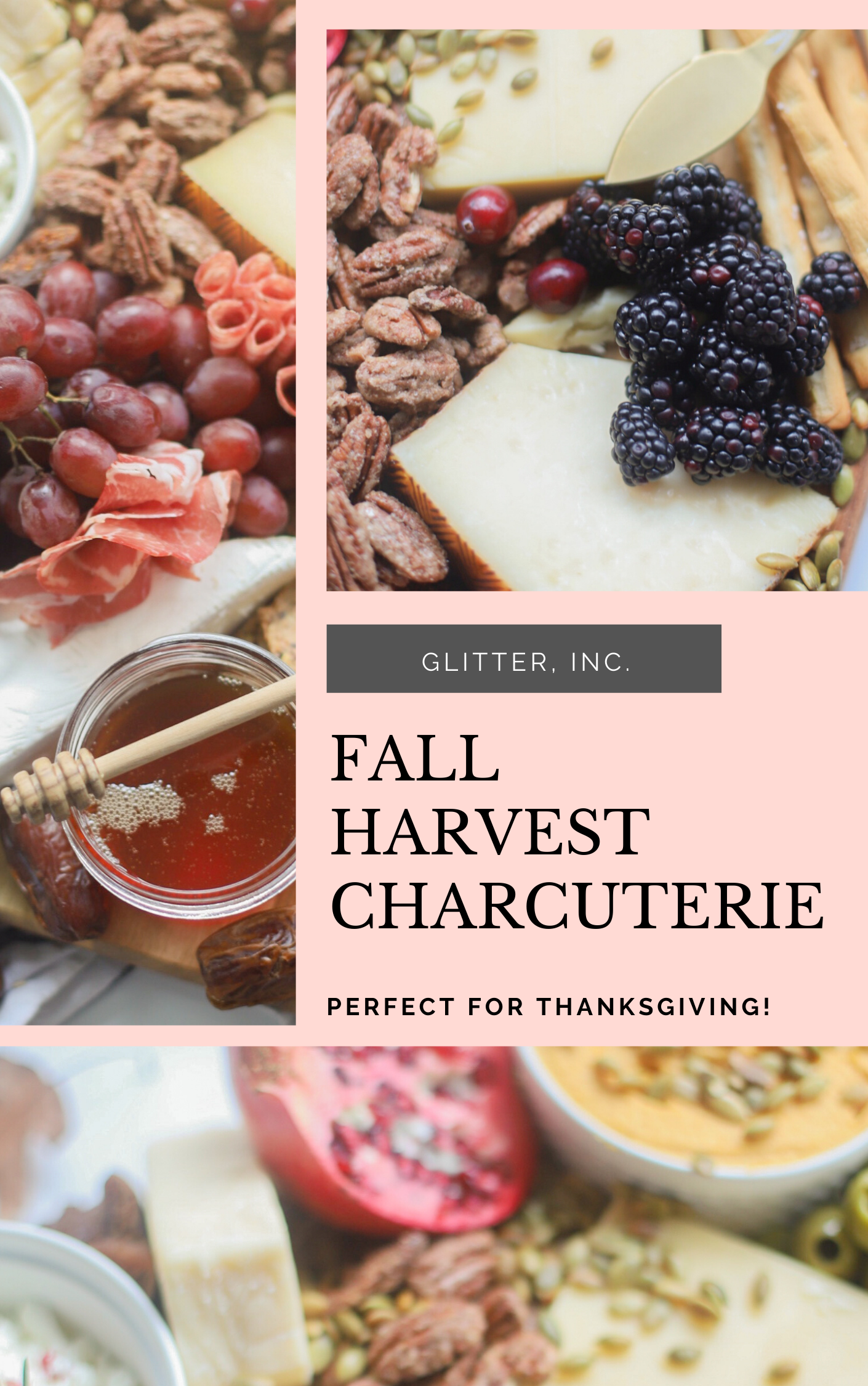 Putting together a big, beautiful charcuterie board is easier than you think. Make this impressive Thanksgiving cheese board for the fall holiday this year and seriously wow all of your guests! | glitterinc.com | @glitterinc