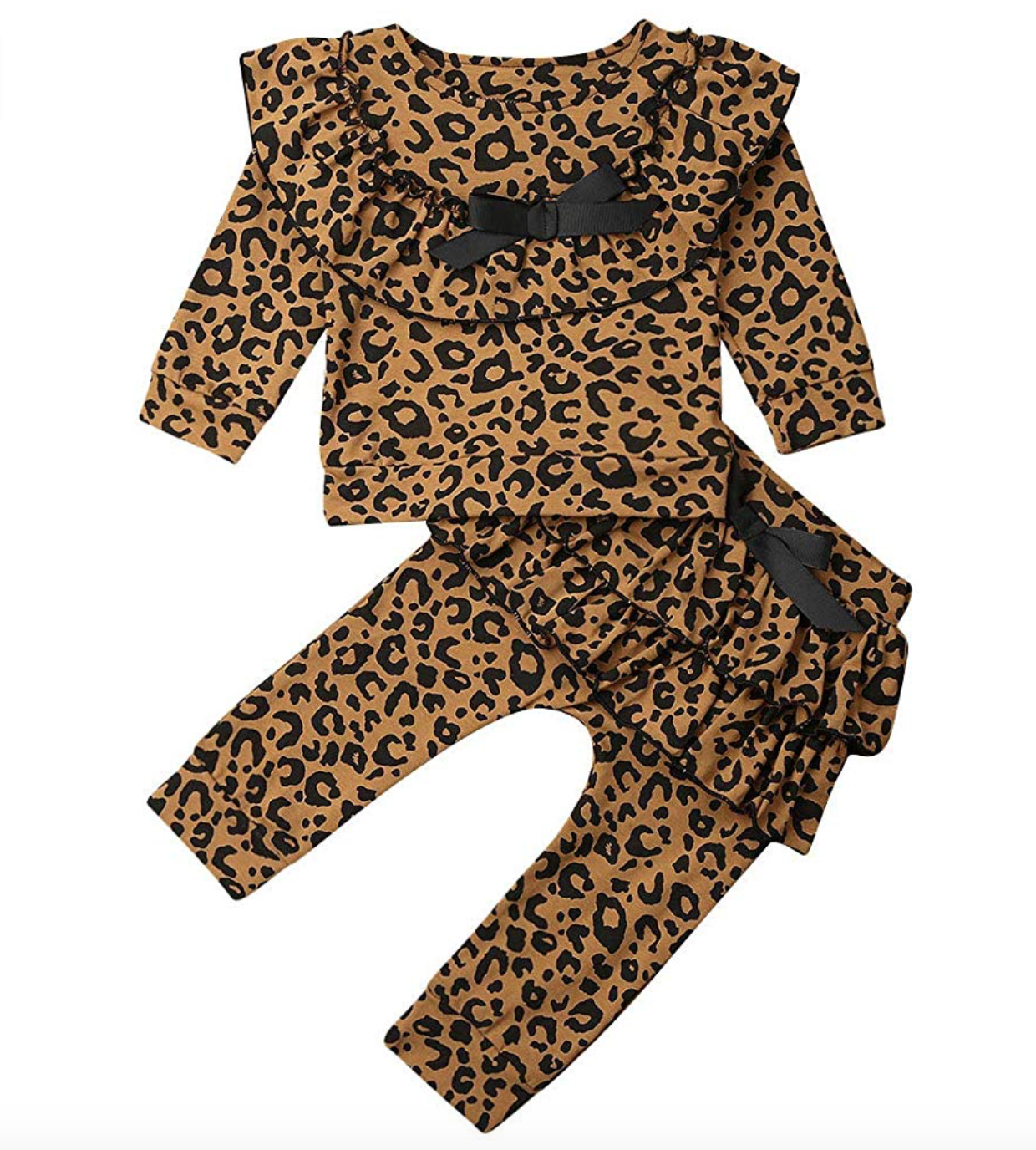 Girl Leopard Outfits Ruffle Long Sleeve Romper and Haren Pants Clothing Set