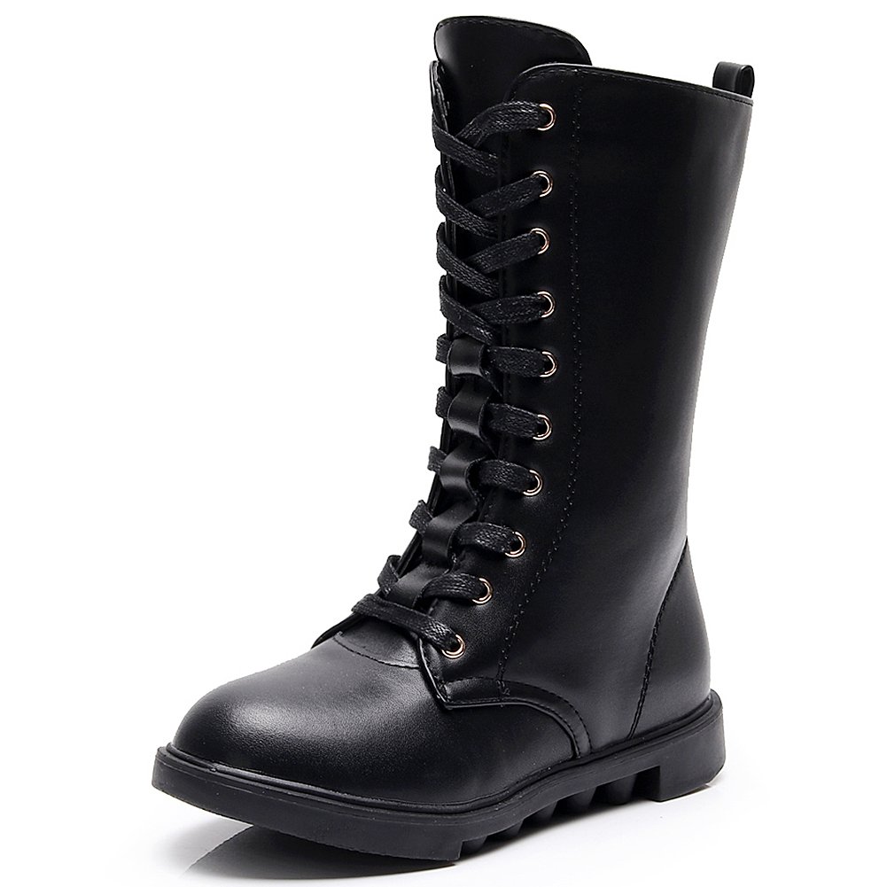 Kid's Girls Leather Lace-Up Zipper Mid Calf Combat Riding Winter Boots 