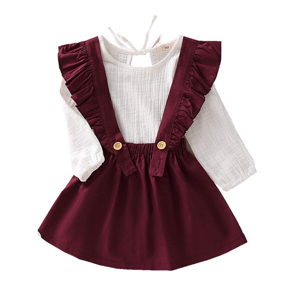 Kids Toddler Baby Girls Skirt Sets Long Sleeve Top + Ruffle Strap Suspender Dress Outfits Clothes