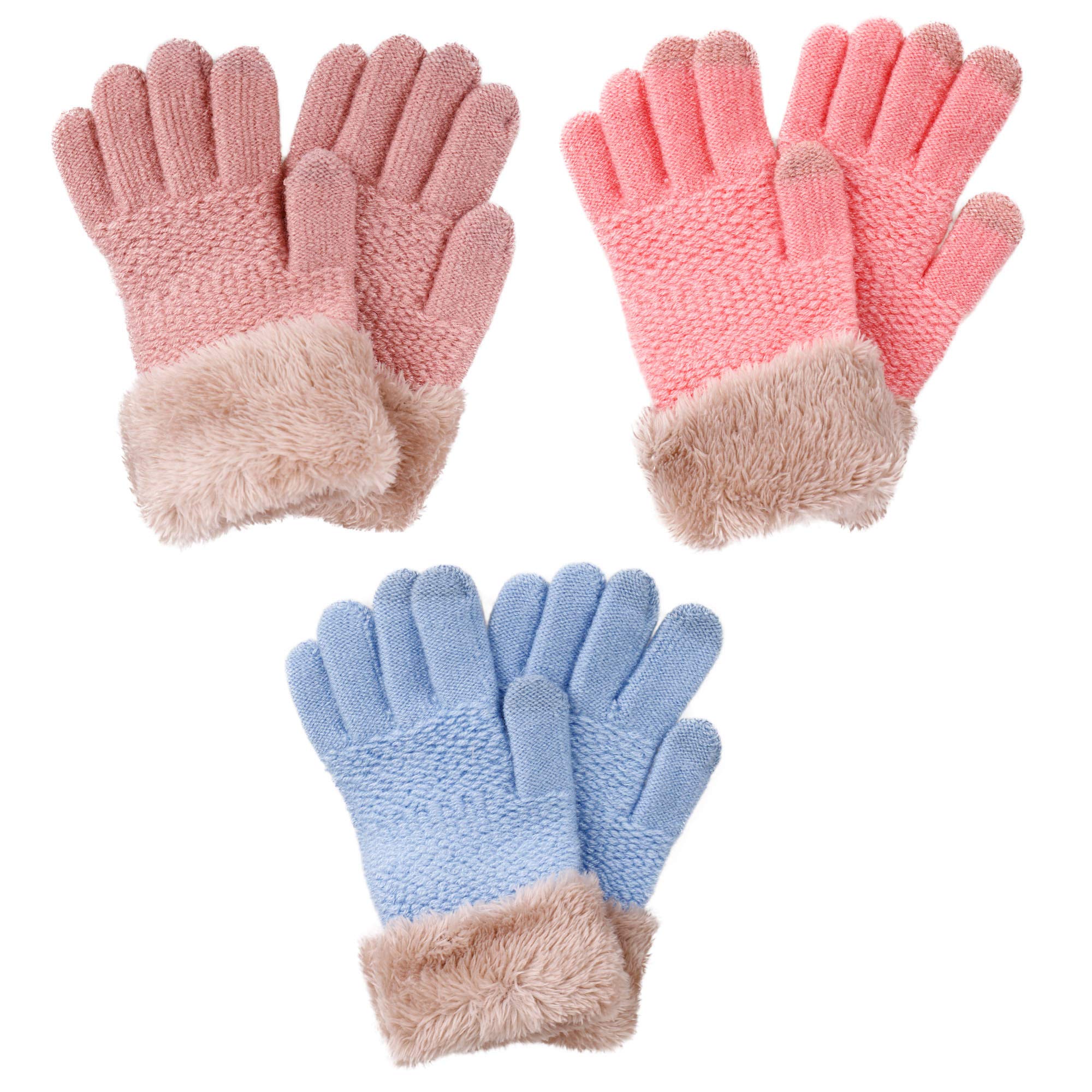 2 & 3 Pack Kids Touchscreen Winter Knit Gloves with Faux Fur Cuff