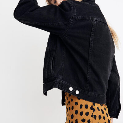 Madewell The Boxy-Crop Jean Jacket in Lunar Wash and Painted Spots Midi Slip Skirt