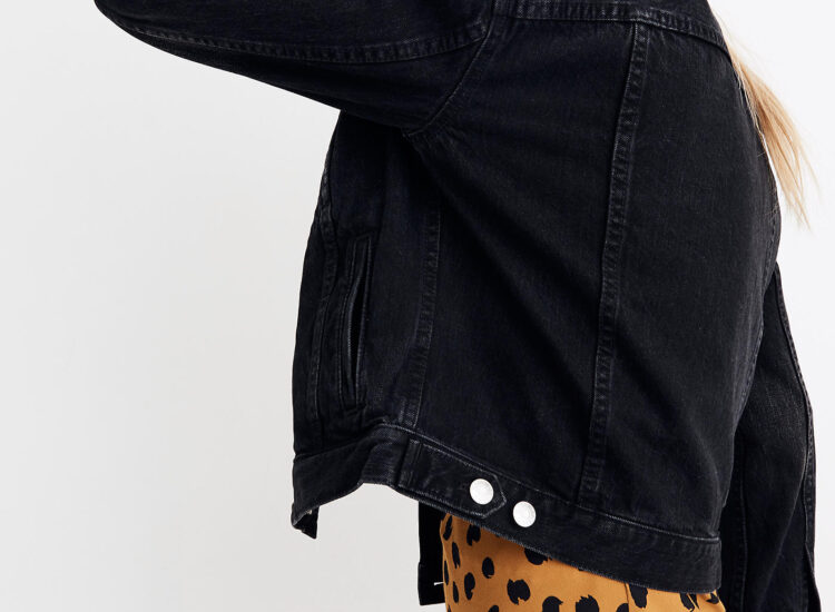 Madewell The Boxy-Crop Jean Jacket in Lunar Wash and Painted Spots Midi Slip Skirt