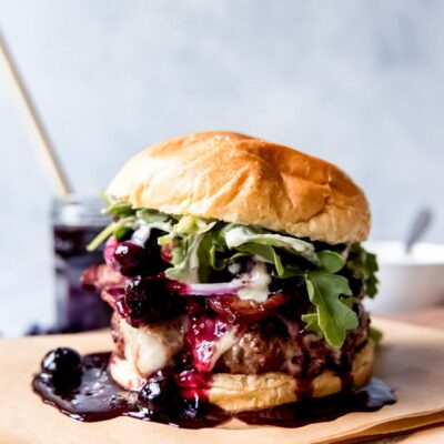 40 Delicious Birthday Dinner Ideas At Home // Red, White, and Blueberry Bacon Burger with Basil Aioli