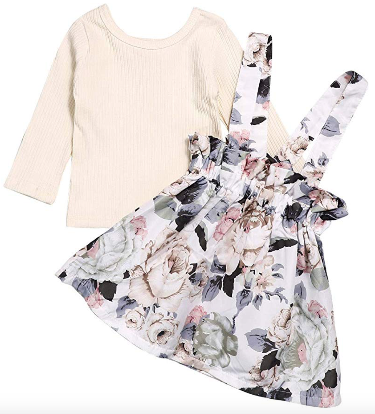 Skirt Outfit Set Long Sleeve Ruffle Romper Top + Floral Strap Skirt Tutu Dress