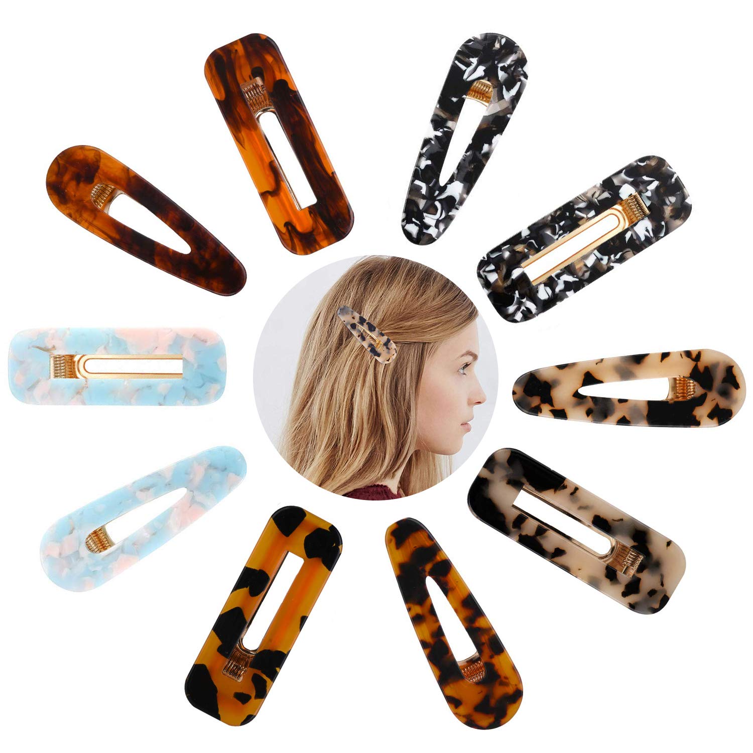 Acrylic Resin Alligator Marble and Tortoise Hair Barrettes for Women and Girls, 10 pcs 