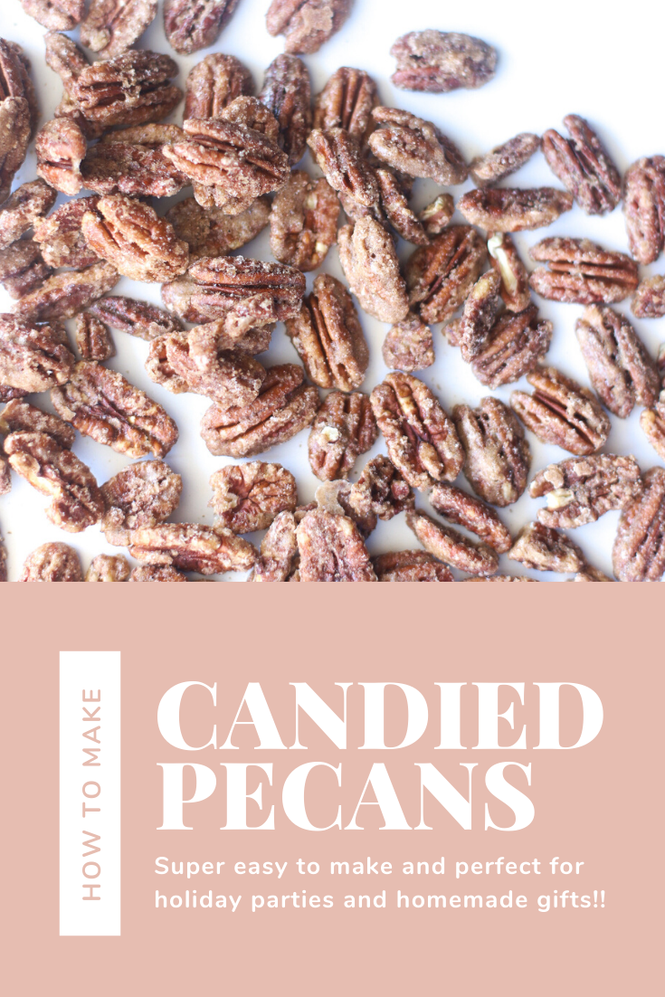 Candied Pecans are sweet, crunchy, and perfect for holiday parties and homemade gifts! These cinnamon-sugar roasted and spiced nuts are also super easy to make, especially in big batches. Click through for the recipe. | glitterinc.com | @glitterinc