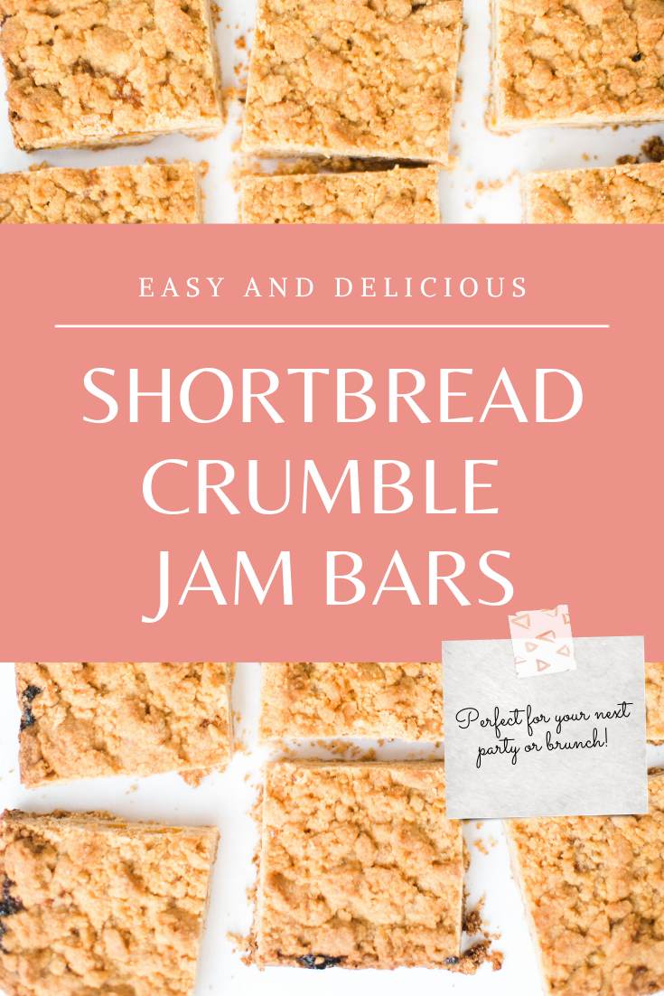 These shortbread crumble jam bars have a delicious shortbread base, a layer of fruity jam, and a buttery, crunchy crumble topping. Perfect for your next brunch or party! Click through for the recipe. | glitterinc.com | @glitterinc