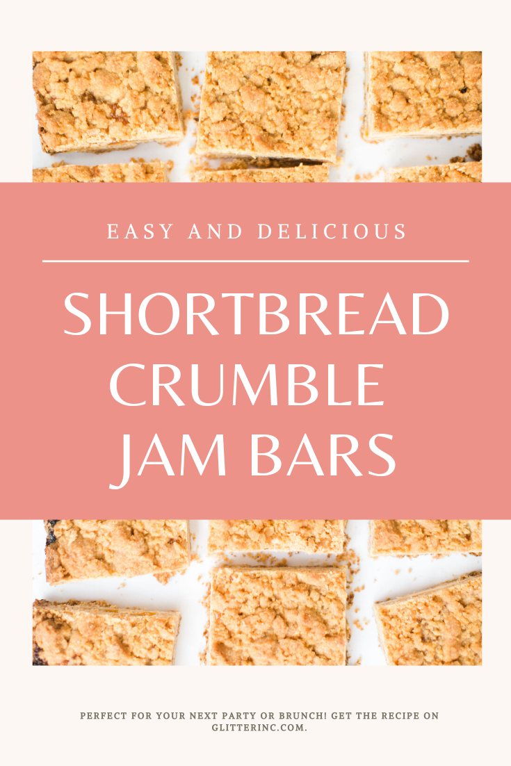 These shortbread crumble jam bars have a delicious shortbread base, a layer of fruity jam, and a buttery, crunchy crumble topping. Perfect for your next brunch or party! Click through for the recipe. | glitterinc.com | @glitterinc 