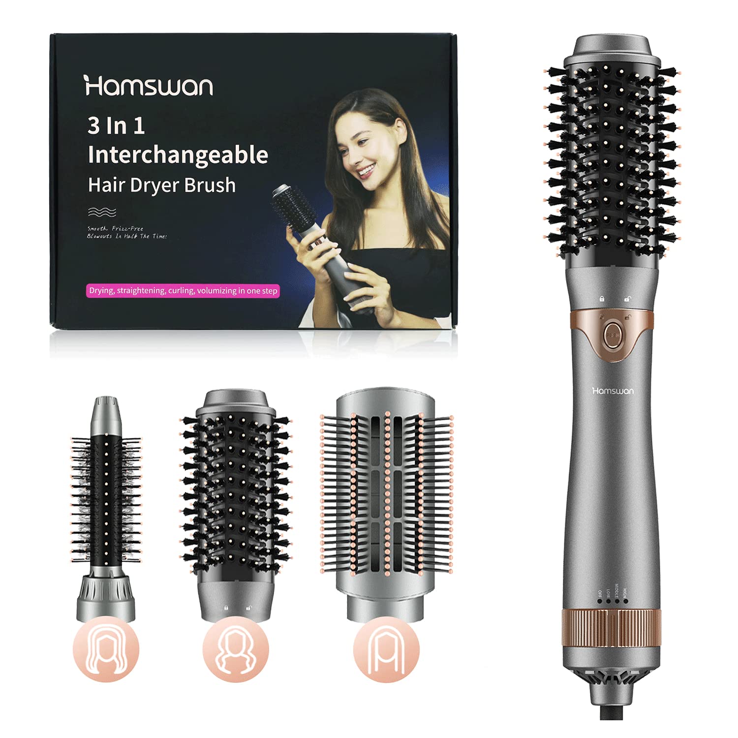 Hair Dryer Brush Set, Hot Air Brush, Interchangeable Hair Dryer & Volumizer, 3 in 1 Hair Dryer Brush & Volumizer Negative Ion Hair Straightener Brush for All Hair Types