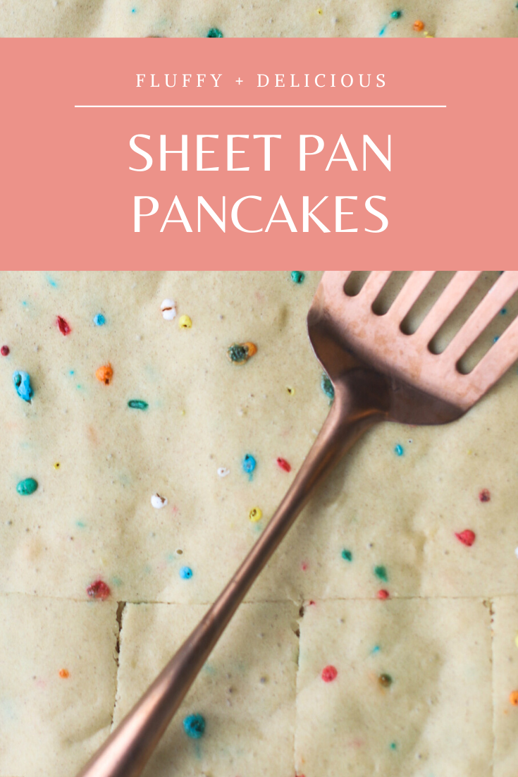 Homemade Sheet Pan Pancakes - a quick and simple breakfast recipe sure to seriously upgrade your morning pancake routine. Make these oven-baked pancakes any time you want delicious, fluffy pancakes for breakfast without all of the work. Give your kids cookie cutters and let them turn pancakes into their favorite adorable shapes for an extra kid-friendly brunch! | glitterinc.com | @glitterinc
