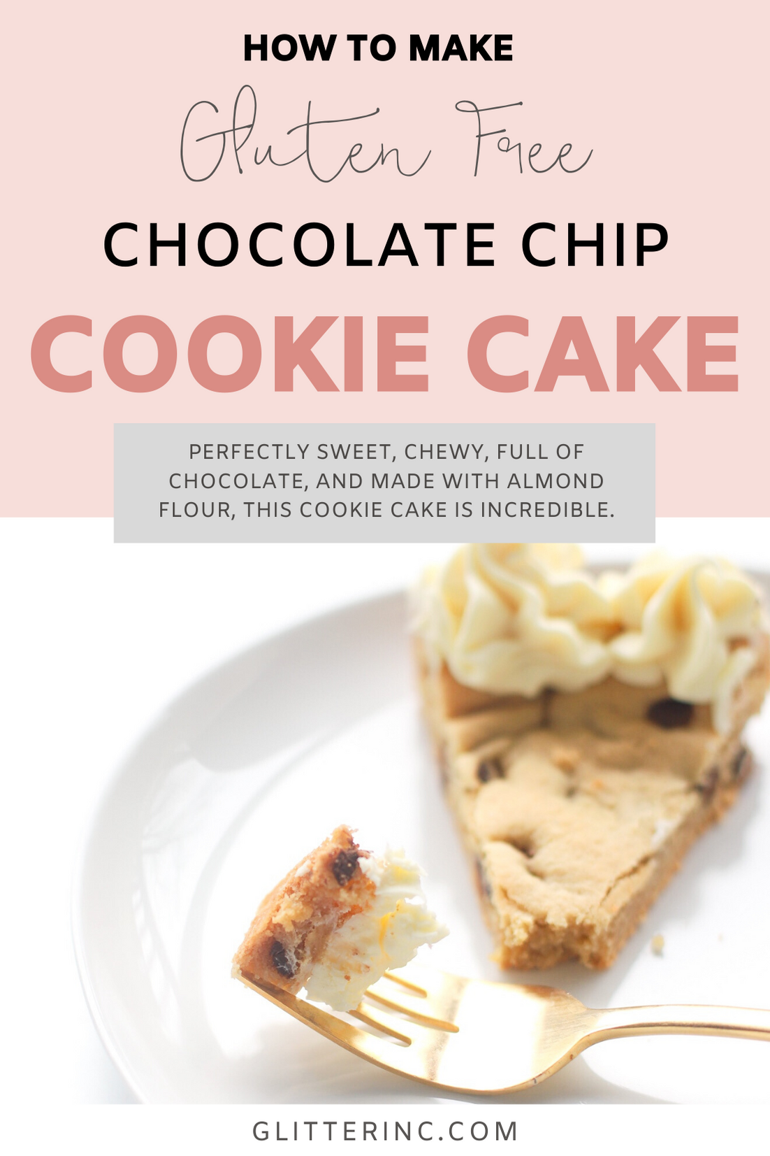 This incredible almond flour chocolate chip cookie cake is gluten free, and everything a giant chocolate chip cookie should be: chewy, sweet, with a hint of salt, loaded with rich chocolate chips, and totally obsession worthy. - Dairy Free - Marzipan - Kosher for Passover - Recipe | glitterinc.com | @glitterinc