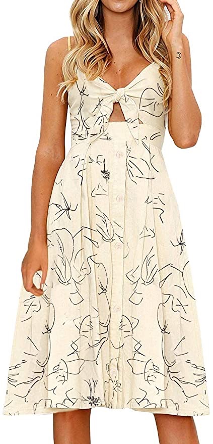 FANCYINN Womens Floral Prints Tie Front Button Down Spaghetti Strap Midi Dress