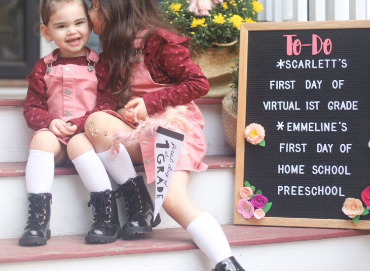 It’s back to school for our family! Sharing a look at the girls’ first day of school (at home), including the obligatory first day of school front porch photos, and what we are doing for school this fall (remote school, homeschool, and all!) | @glitterinclexi | GLITTERINC.COM