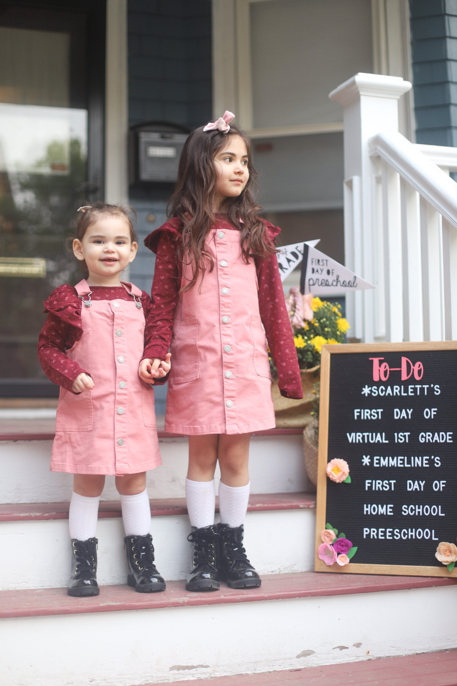 It’s back to school for our family! Sharing a look at the girls’ first day of school (at home), including the obligatory first day of school front porch photos, and what we are doing for school this fall (remote school, homeschool, and all!) | @glitterinclexi | GLITTERINC.COM