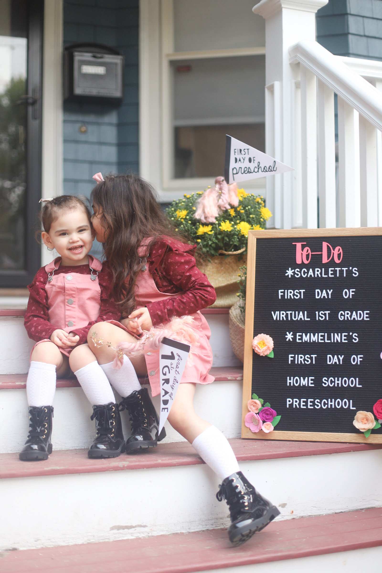 It’s back to school for our family! Sharing a look at the girls’ first day of school (at home), including the obligatory first day of school front porch photos, and what we are doing for school this fall (remote school, homeschool, and all!) | @glitterinclexi | GLITTERINC.COM