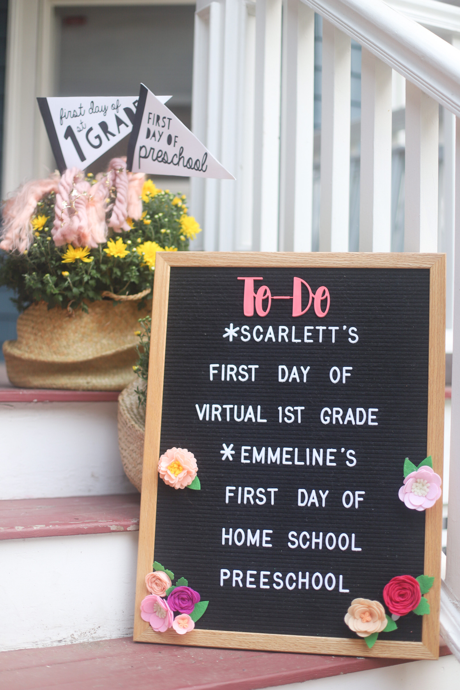 It’s back to school for our family! Sharing a look at the girls’ first day of school (at home), including the obligatory first day of school front porch photos, and what we are doing for school this fall (remote school, homeschool, and all!) | @glitterinclexi | GLITTERINC.COM