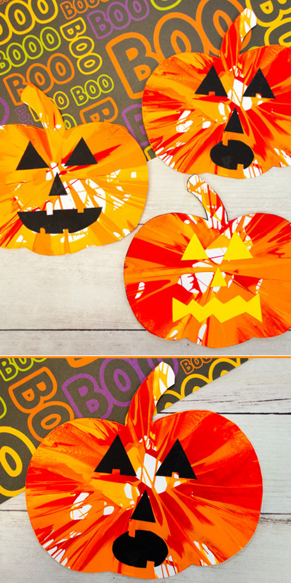 Get crafty this October and create something special with one of these 7 easy Halloween crafts and hands-on activities for toddlers and young kids! | @glitterinclexi | GLITTERINC.COM // This pumpkin spin painting is a fun and easy Halloween activity that kids of all ages will love to do!