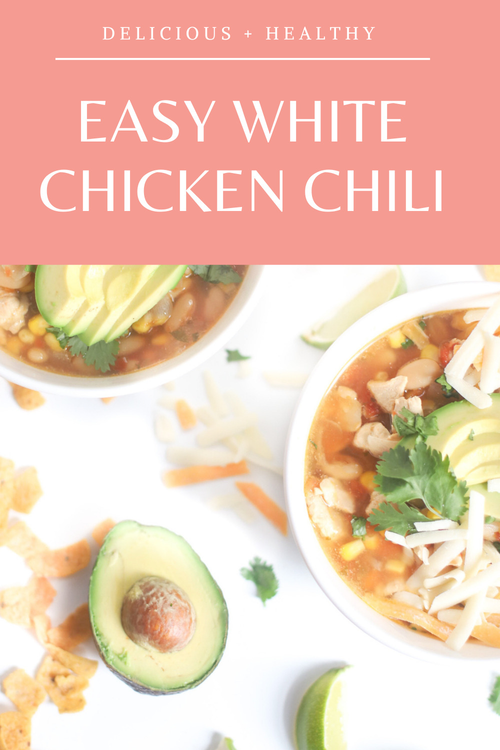 Of all of the chili recipes out there, this white chicken chili is our family’s most loved. Not only is this healthy white chicken chili super flavorful and a total crowd-pleaser, it’s easy to make and is pretty much foolproof. And the resulting rich broth, tender chicken, hearty white beans and corn, plus a bright tang from the lime and cilantro, makes this soup a total winner. | @glitterinclexi | GLITTERINC.COM
