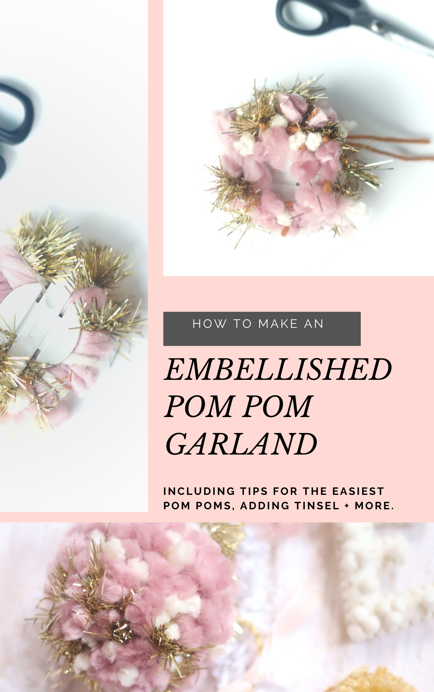 Make your own boutique-worthy DIY festive tinsel, ribbon, and glitter stars pom pom garland; a.k.a., a glammed up pom pom garland with a whole lot of pizazz.| @glitterinclexi | GLITTERINC.COM