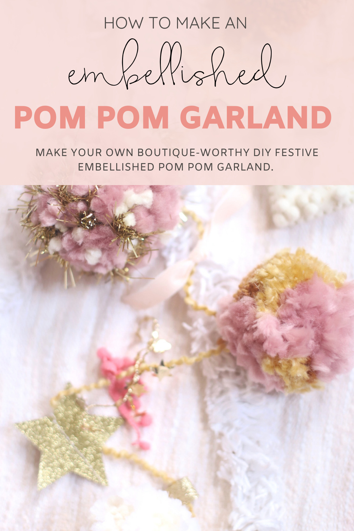 Make your own boutique-worthy DIY EMbellished pom pom garland with festive tinsel, ribbon, washi ape, and glitter stars; a.k.a., a glammed up pom pom garland with a whole lot of pizazz.| @glitterinclexi | GLITTERINC.COM