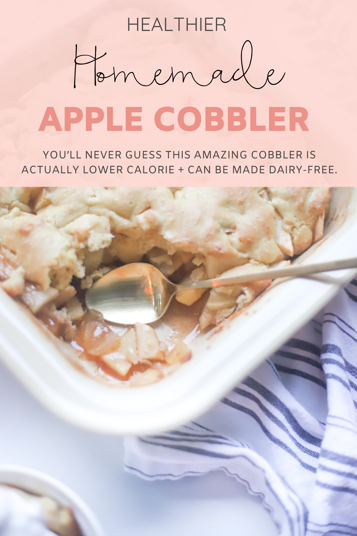 This deceptively delicious apple cobbler is full of cinnamon, fragrant apples, and a velvety caramel sauce, topped with the most heavenly dough, and yet, is actually lower calorie than a traditional cobbler and can also be made dairy-free! Click through for the fall recipe. | @glitterinclexi | GLITTERINC.COM