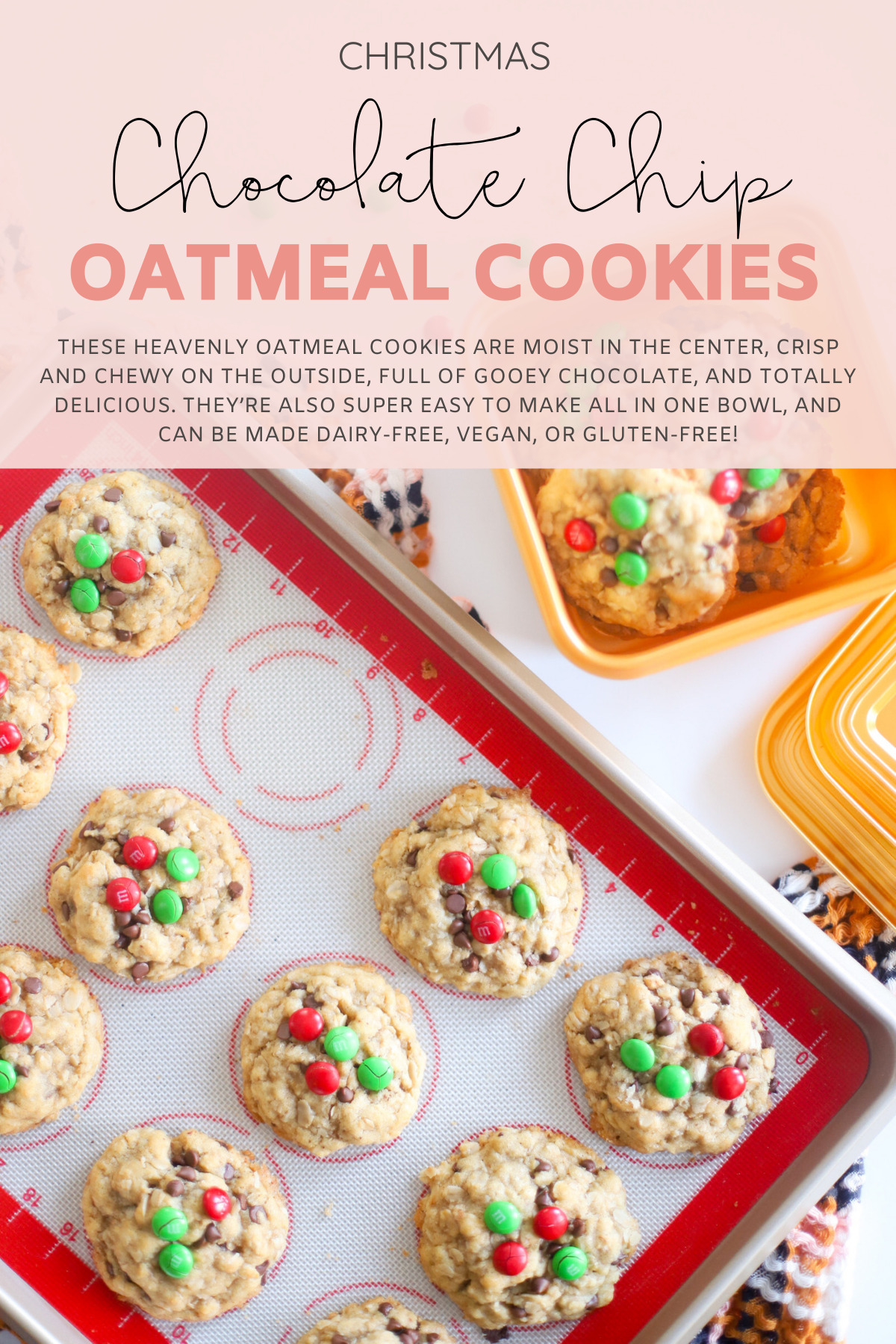 Hands down our very favorite oatmeal chocolate chip cookies, these heavenly oatmeal cookies are moist in the center, crisp and chewy on the outside, and totally delicious. They’re also super easy to make all in one bowl, and can easily be made dairy-free, vegan, or gluten-free! | @glitterinclexi | GLITTERINC.COM