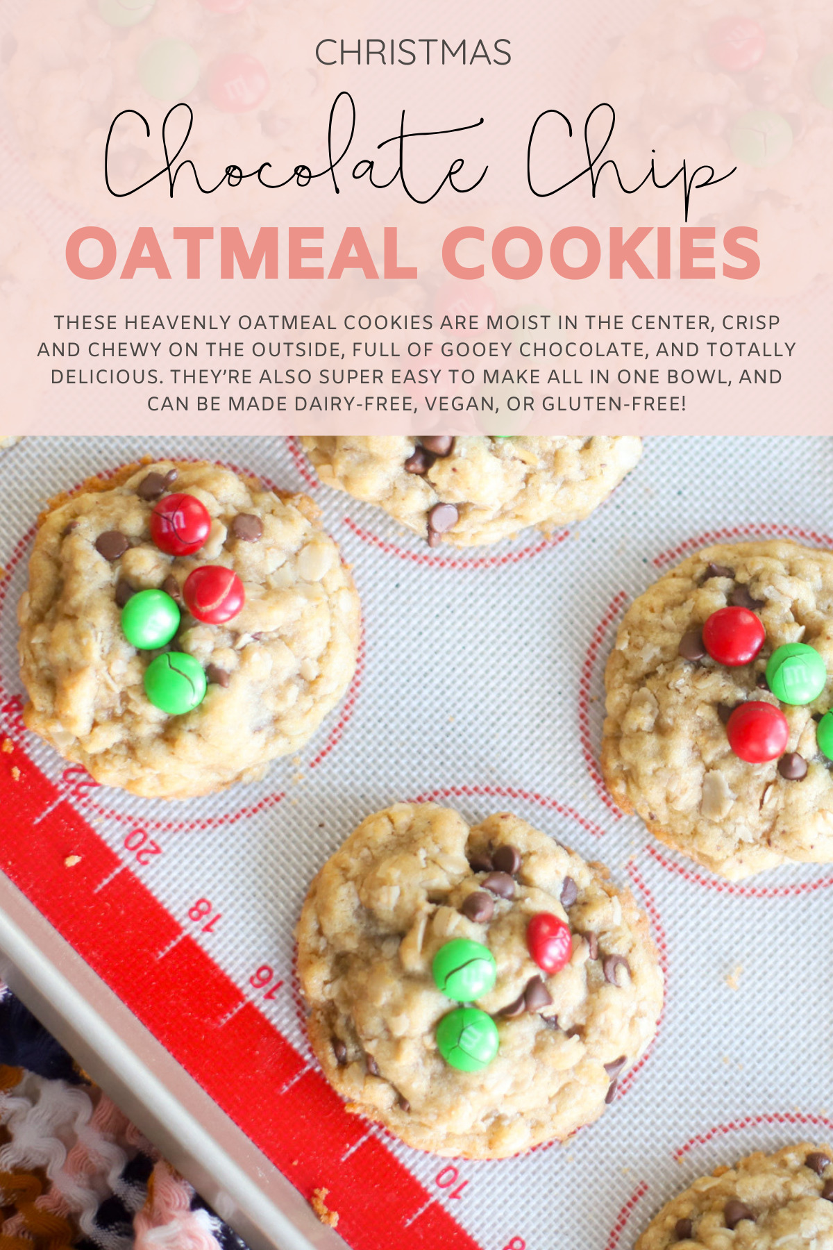 Hands down our very favorite oatmeal chocolate chip cookies, these heavenly oatmeal cookies are moist in the center, crisp and chewy on the outside, and totally delicious. They’re also super easy to make all in one bowl, and can easily be made dairy-free, vegan, or gluten-free! | @glitterinclexi | GLITTERINC.COM