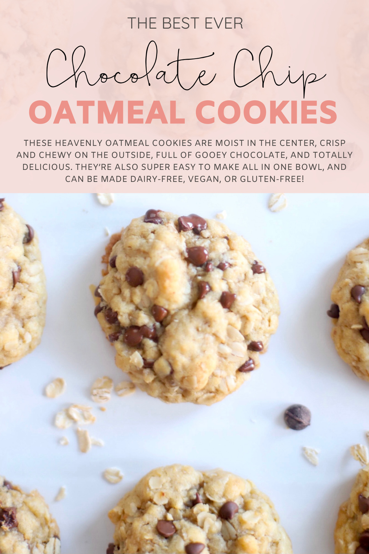 Hands down our very favorite oatmeal chocolate chip cookies, these heavenly oatmeal cookies are moist in the center, crisp and chewy on the outside, and totally delicious. They’re also super easy to make all in one bowl, and can easily be made dairy-free, vegan, or gluten-free! | @glitterinclexi | GLITTERINC.COM