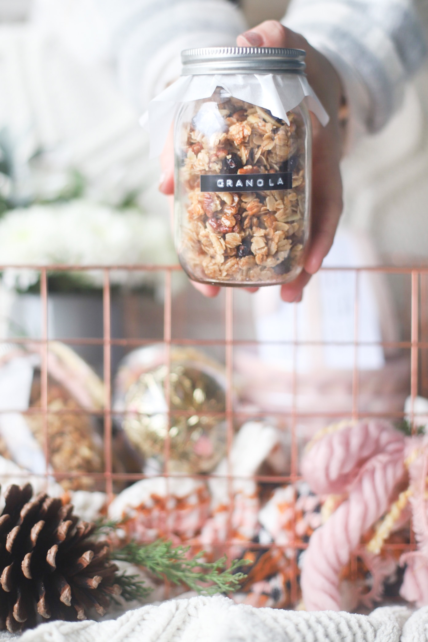 3 Favorite Handmade Gifts to Give This Holiday Season, including homemade granola in jars, Christmas candles from the grocery store, and a DIY floral arrangement using store-bought flowers. | @glitterinclexi | GLITTERINC.COM