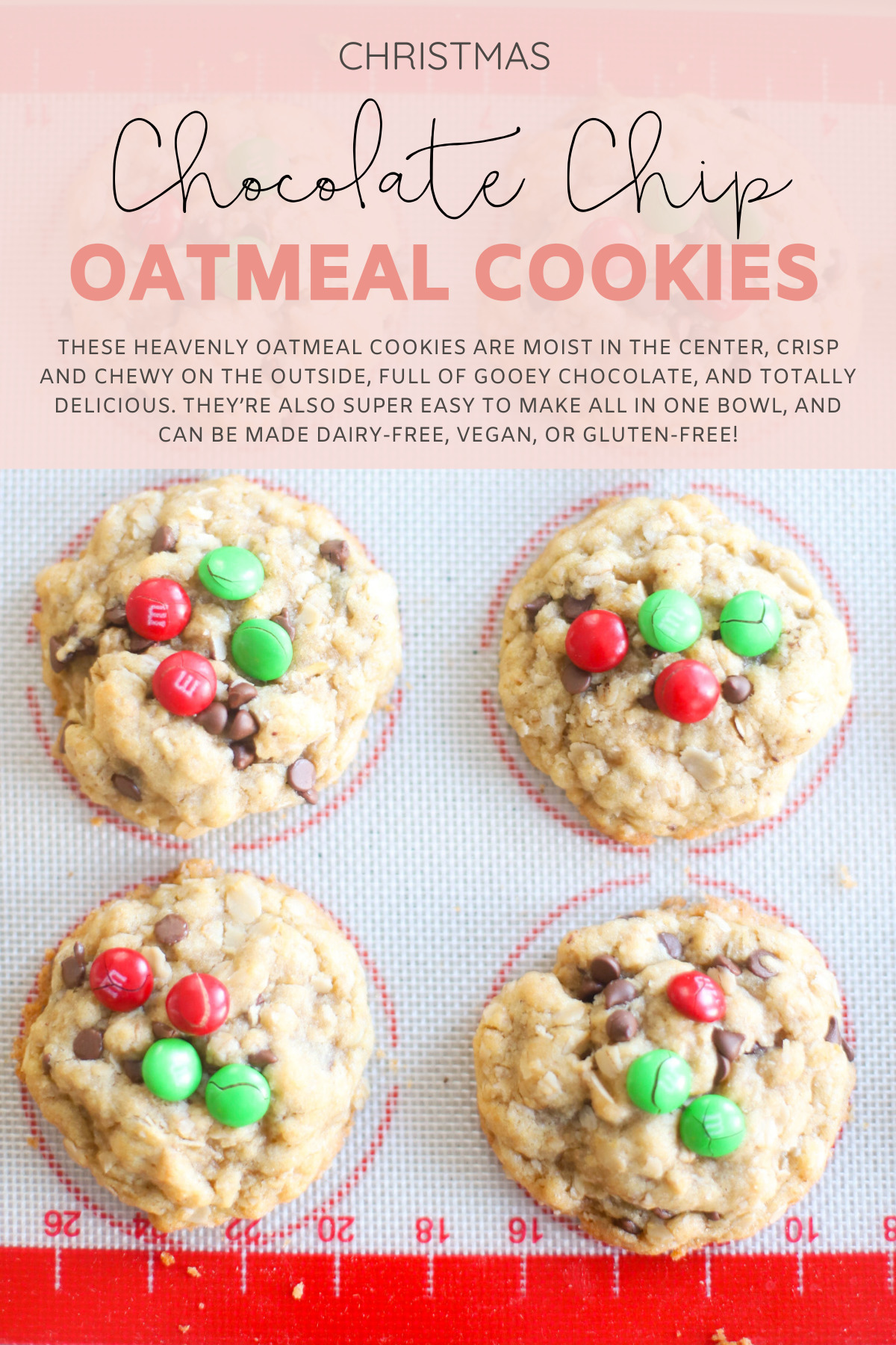 Hands down our very favorite oatmeal chocolate chip cookies, these heavenly oatmeal cookies are moist in the center, crisp and chewy on the outside, and totally delicious. They’re also super easy to make all in one bowl, and can easily be made dairy-free, vegan, or gluten-free! | @glitterinclexi | GLITTERINC.COM