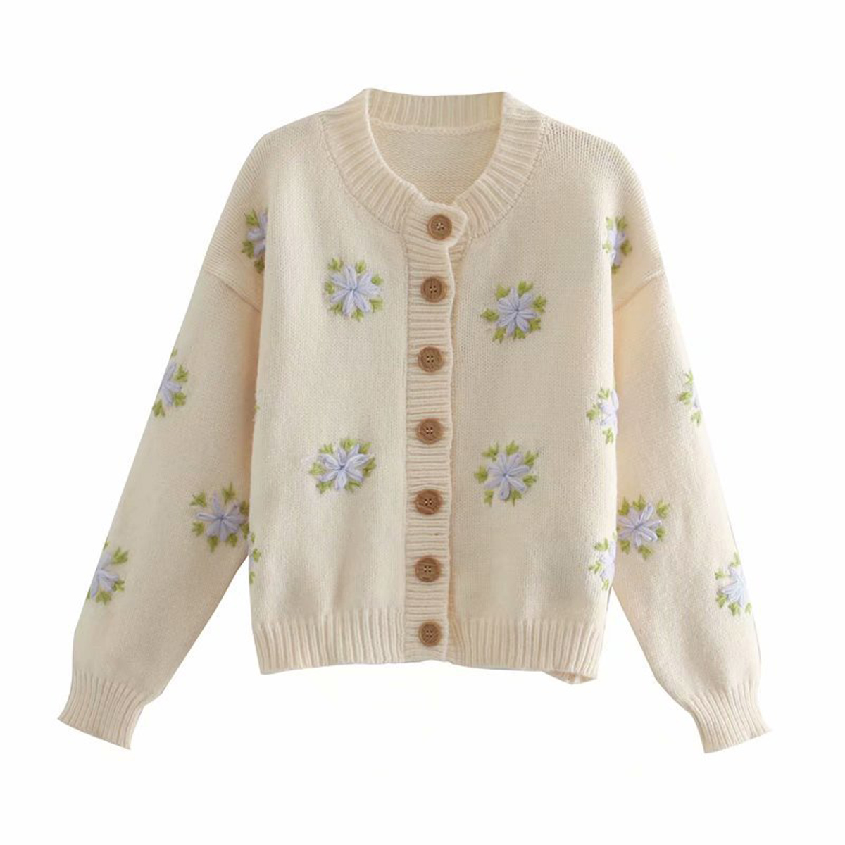 R.Vivimos Womens Cotton Crew Neck Floral Embroidery Button Down Knit Cardigan Sweater Coat