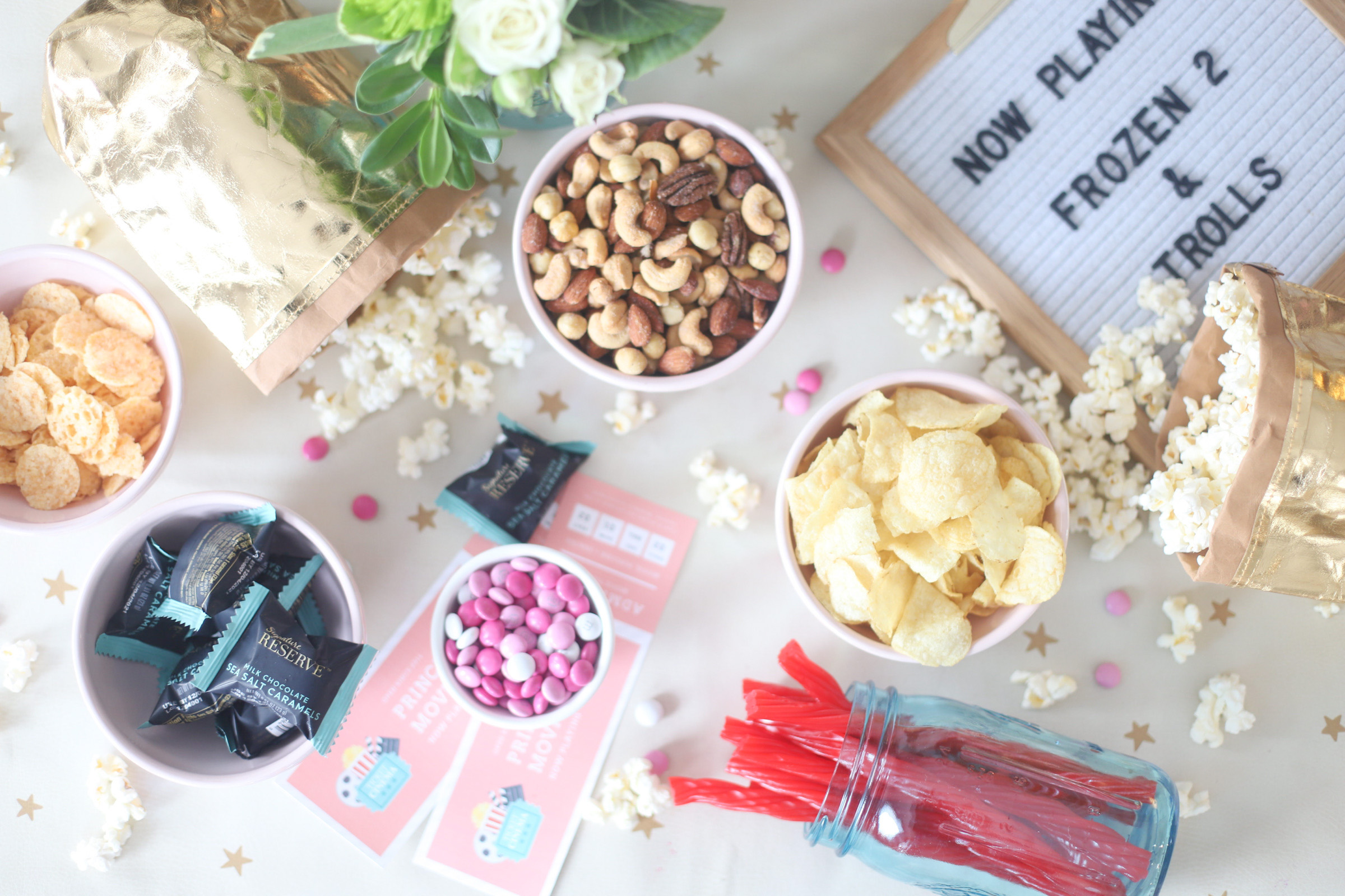 At-Home Family Movie Night Party | Building Our Own Cozy Indoor Living Room Theater | Movie Theater Snacks Concession Stand on the Coffee Table | Theatre Treat Board | @glitterinclexi | GLITTERINC.COM