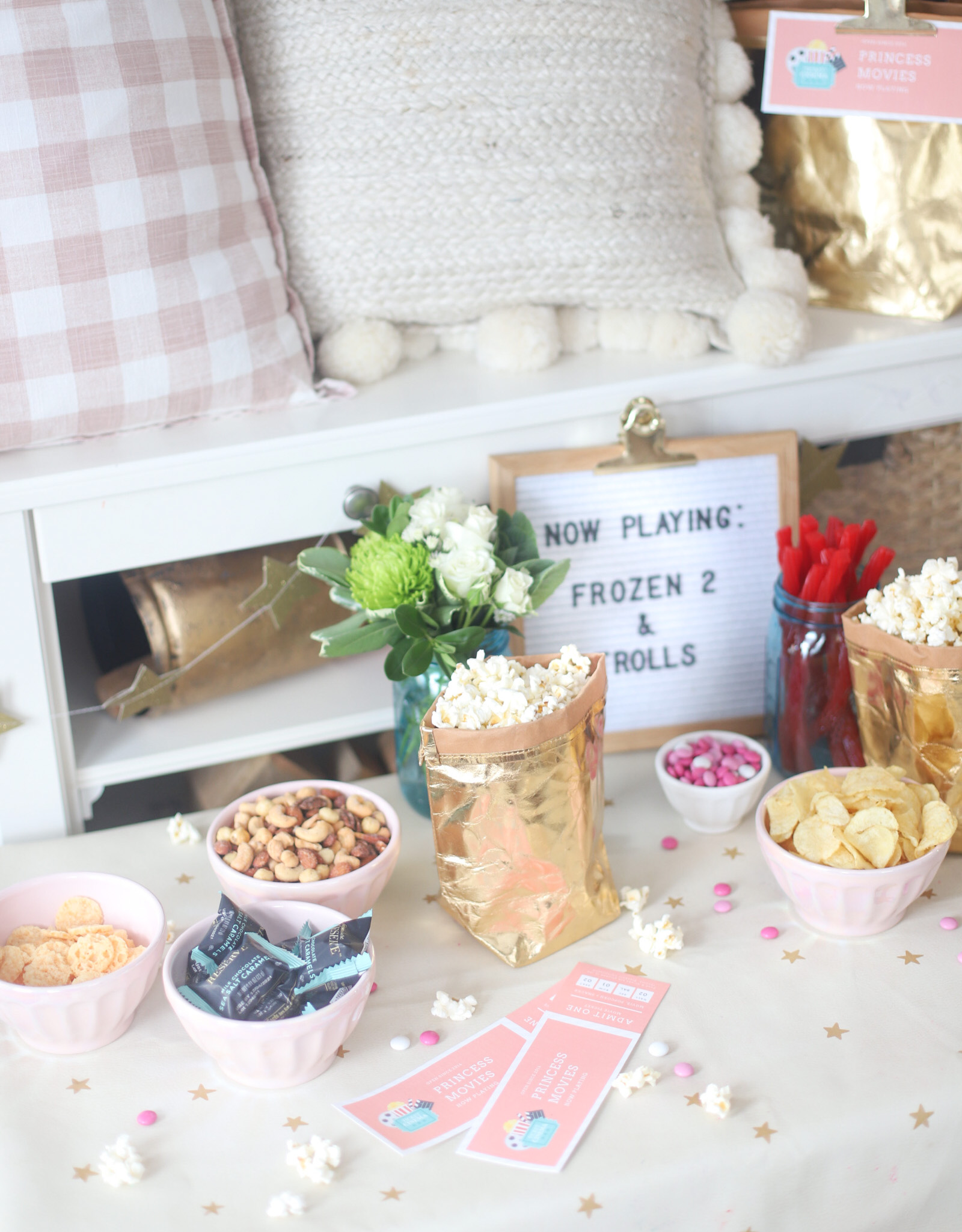 At-Home Family Movie Night Party | Building Our Own Cozy Indoor Living Room Theater | Movie Theater Snacks Concession Stand on the Coffee Table | Theatre Treat Board | @glitterinclexi | GLITTERINC.COM