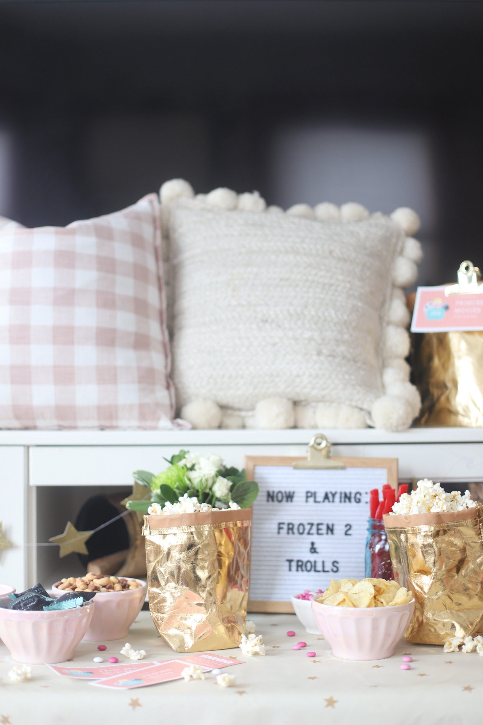 At-Home Family Movie Night Party | Building Our Own Cozy Indoor Living Room Theater | Movie Theater Snacks Concession Stand on the Coffee Table | Theatre Treat Board | @glitterinclexi | GLITTERINC.COM