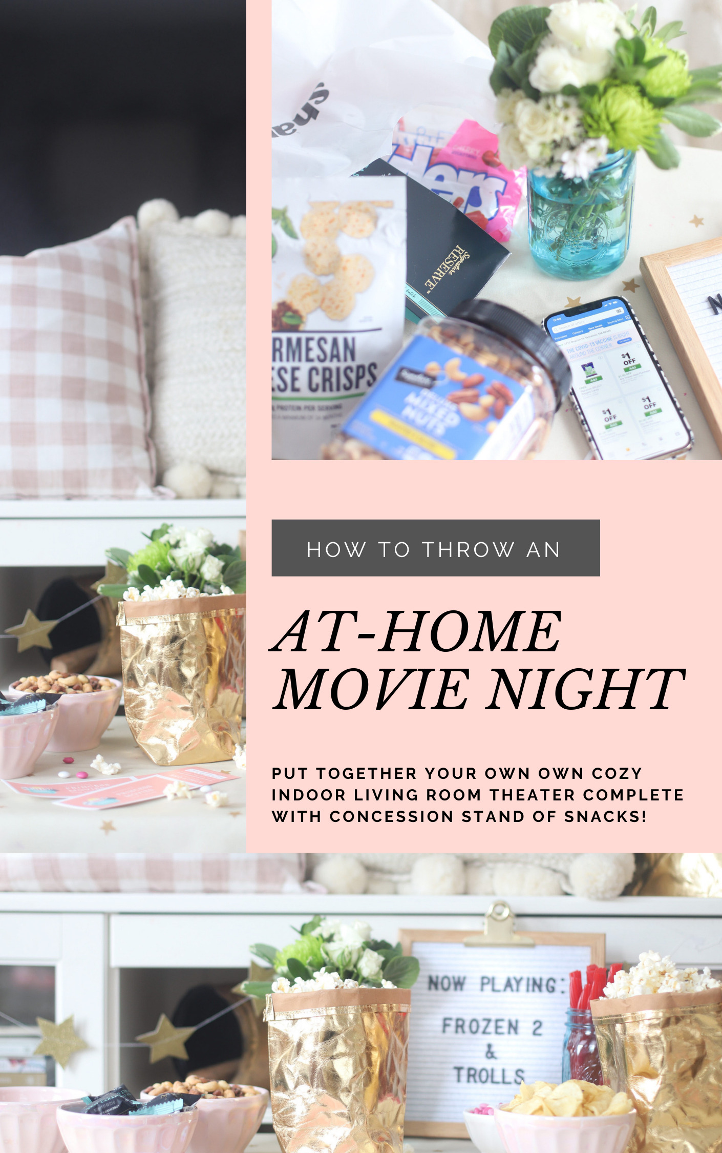 At-Home Family Movie Night Party | Building Our Own Cozy Indoor Living Room Theater | Movie Theater Snacks Concession Stand on the Coffee Table | Theatre Treat Board | @glitterinclexi | GLITTERINC.COM