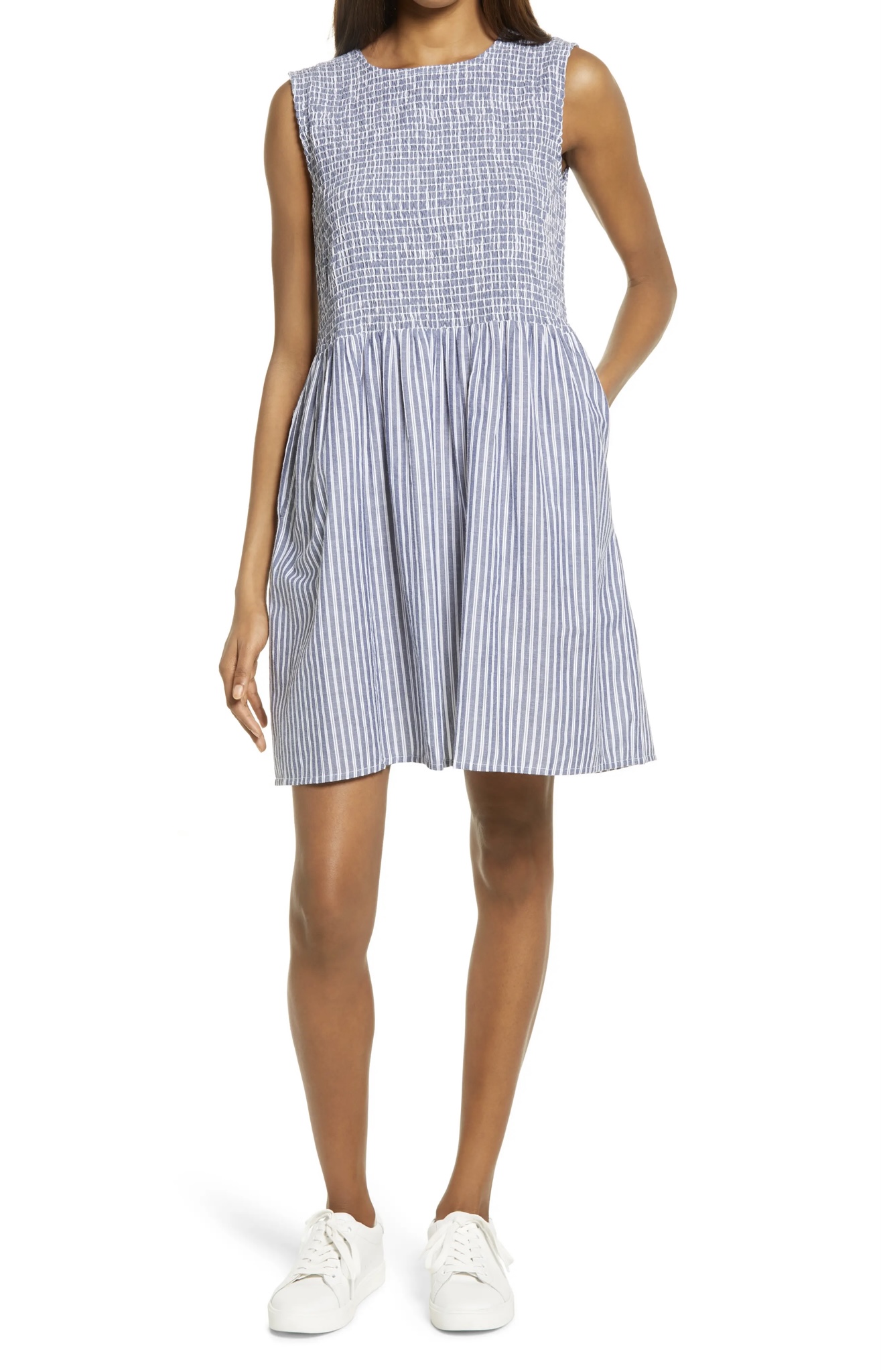 FRENCH CONNECTION Rhodes Stripe Smocked Bodice Cotton Poplin Dress