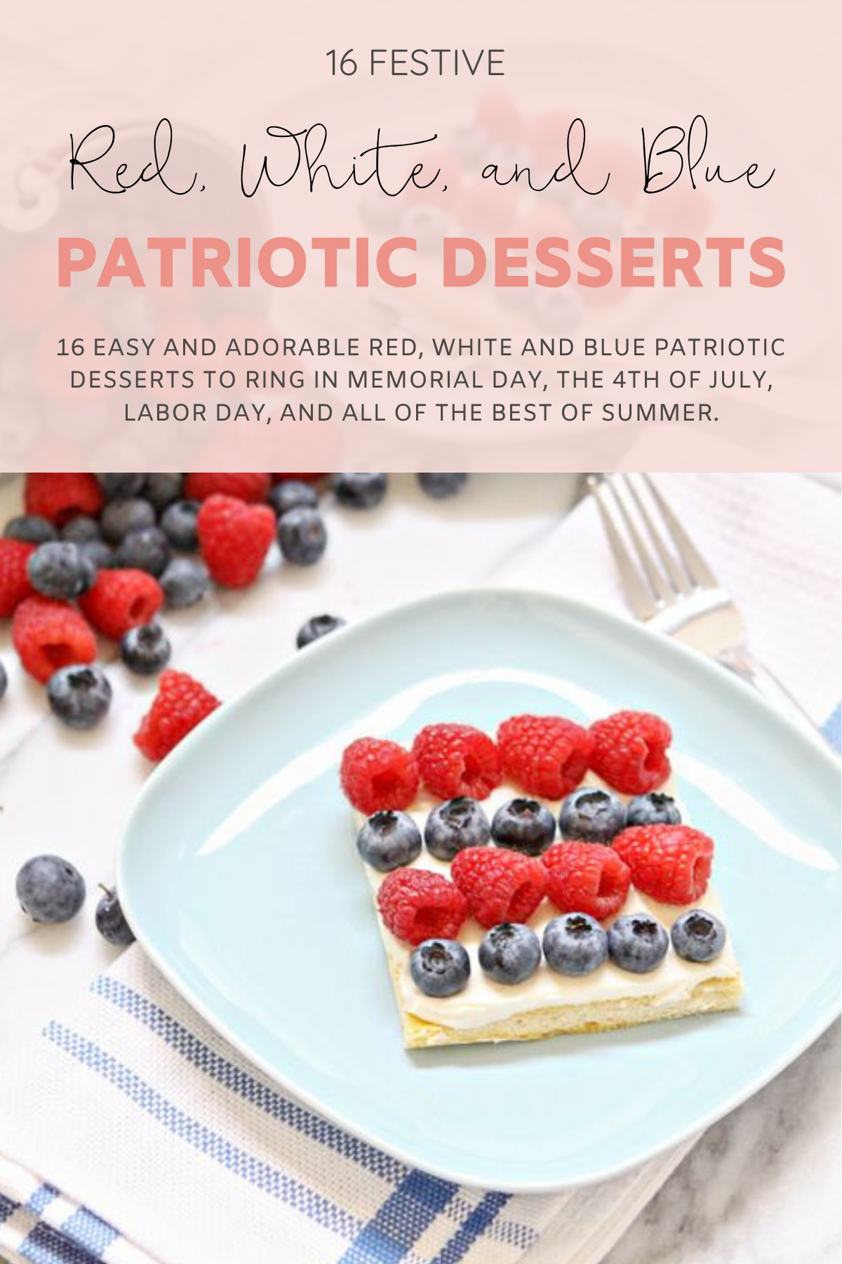 16 easy and adorable Red, White and Blue Patriotic Recipes ... the best festive food, treats, drinks, and more, to ring in Memorial Day, the 4th of July, and all of the best of summer. | Red, White, and Blue Dessert Mini Fruit Pizzas | @glitterinclexi | GLITTERINC.COM
