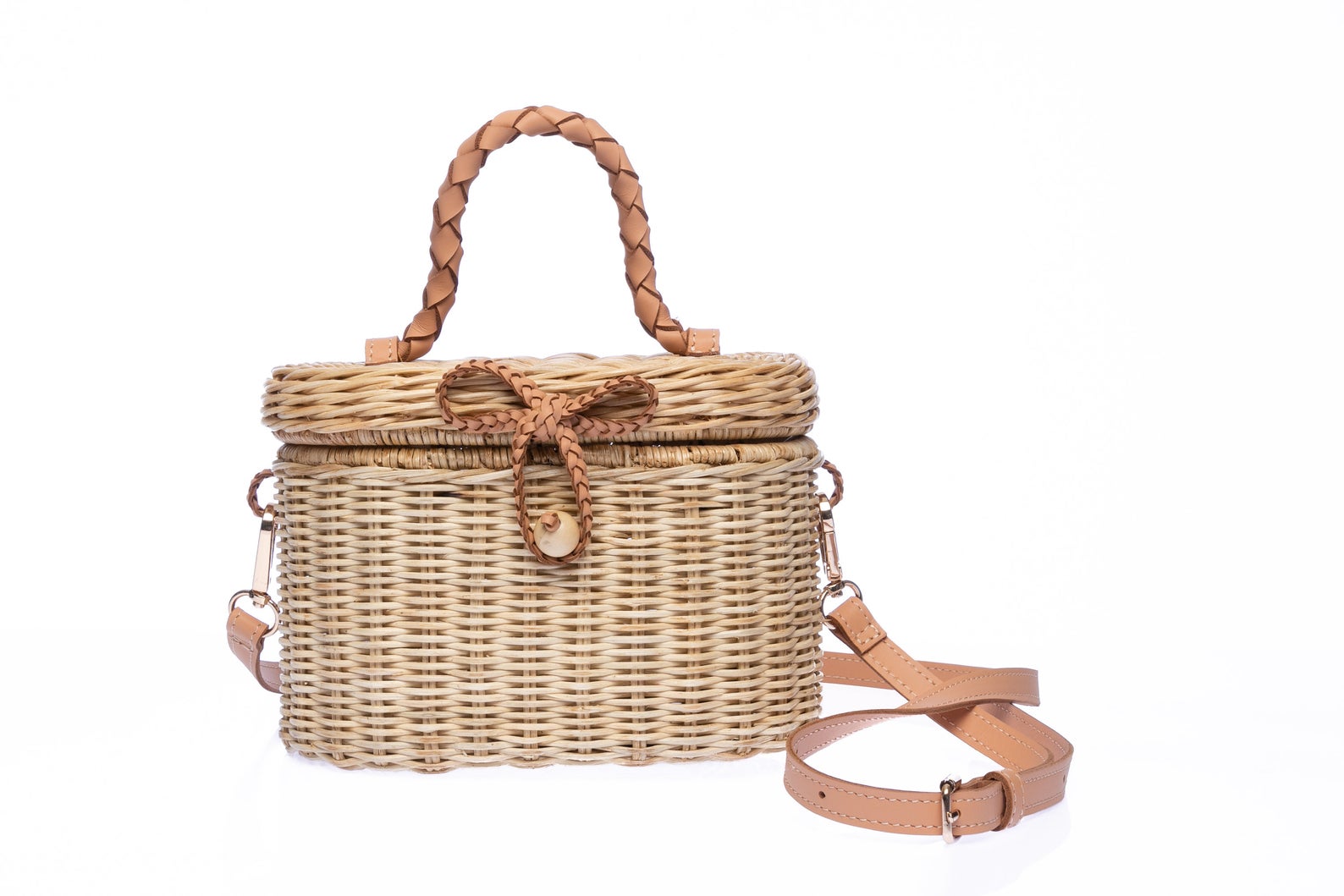 Larone Artisan Handwoven Rattan Crossbody Beach Resort Straw Tote Shoulder Bag With Leather Strap