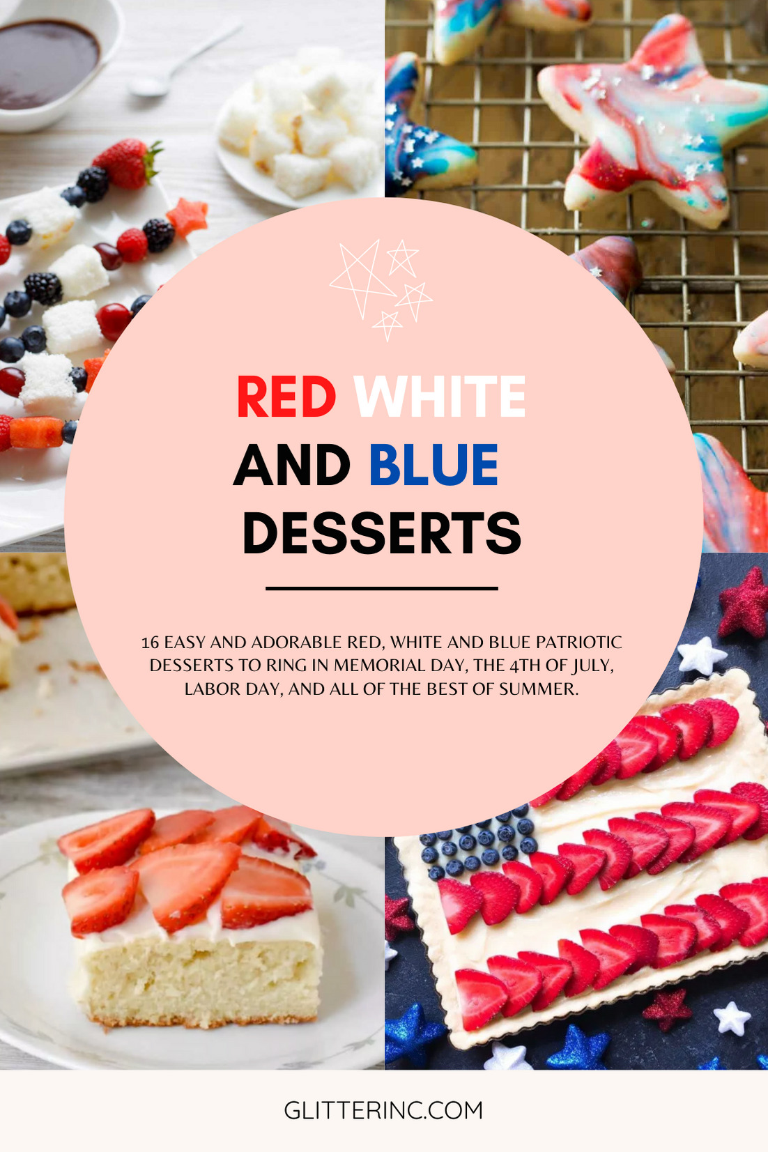 16 easy and adorable Red, White and Blue Patriotic Recipes ... the best festive food, treats, drinks, and more, to ring in Memorial Day, the 4th of July, and all of the best of summer. | Red, White, and Blue Dessert Mini Fruit Pizzas | @glitterinclexi | GLITTERINC.COM