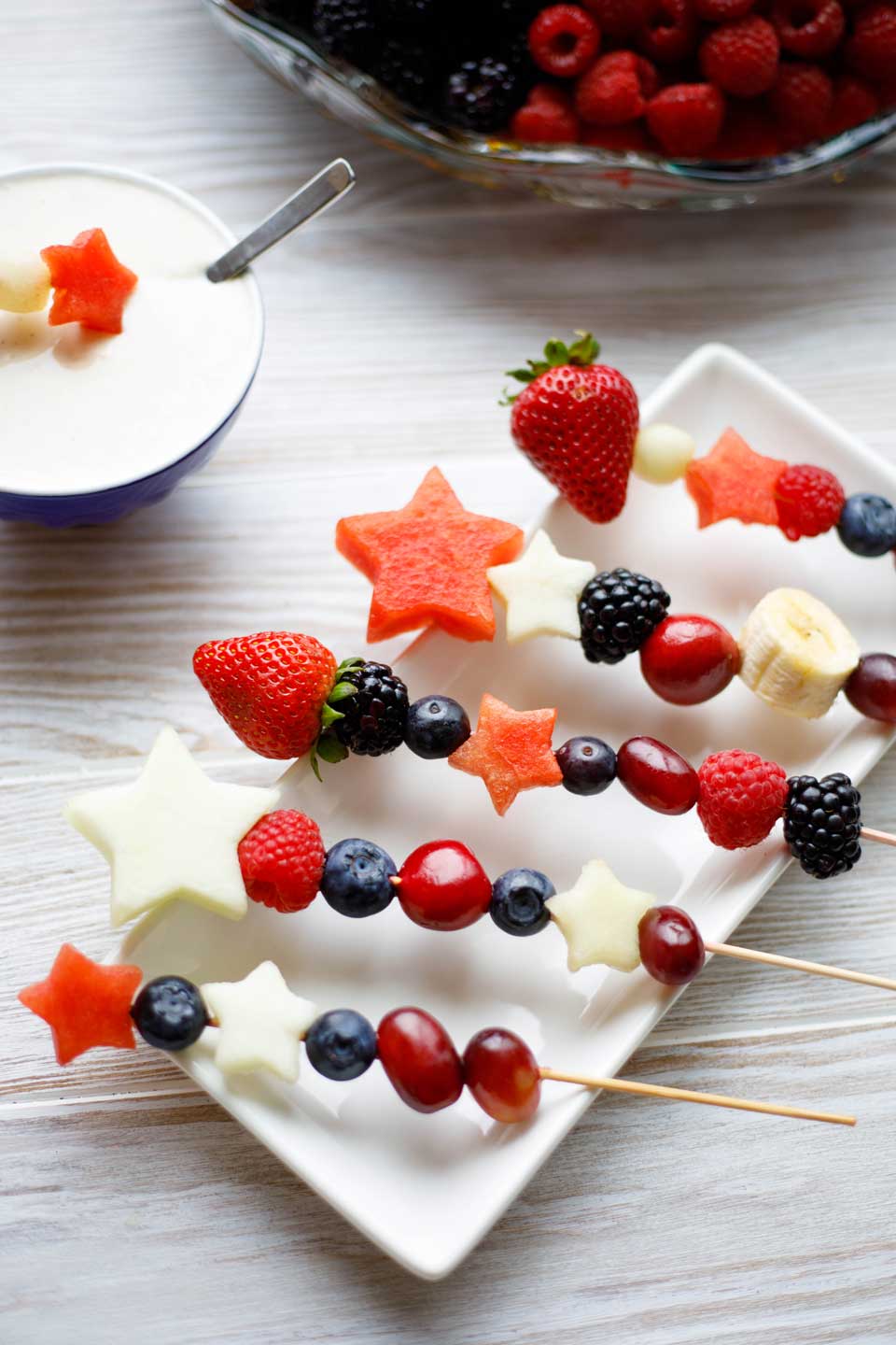 Red, White and Blue Fruit Kabobs with Sweet Yogurt Dip