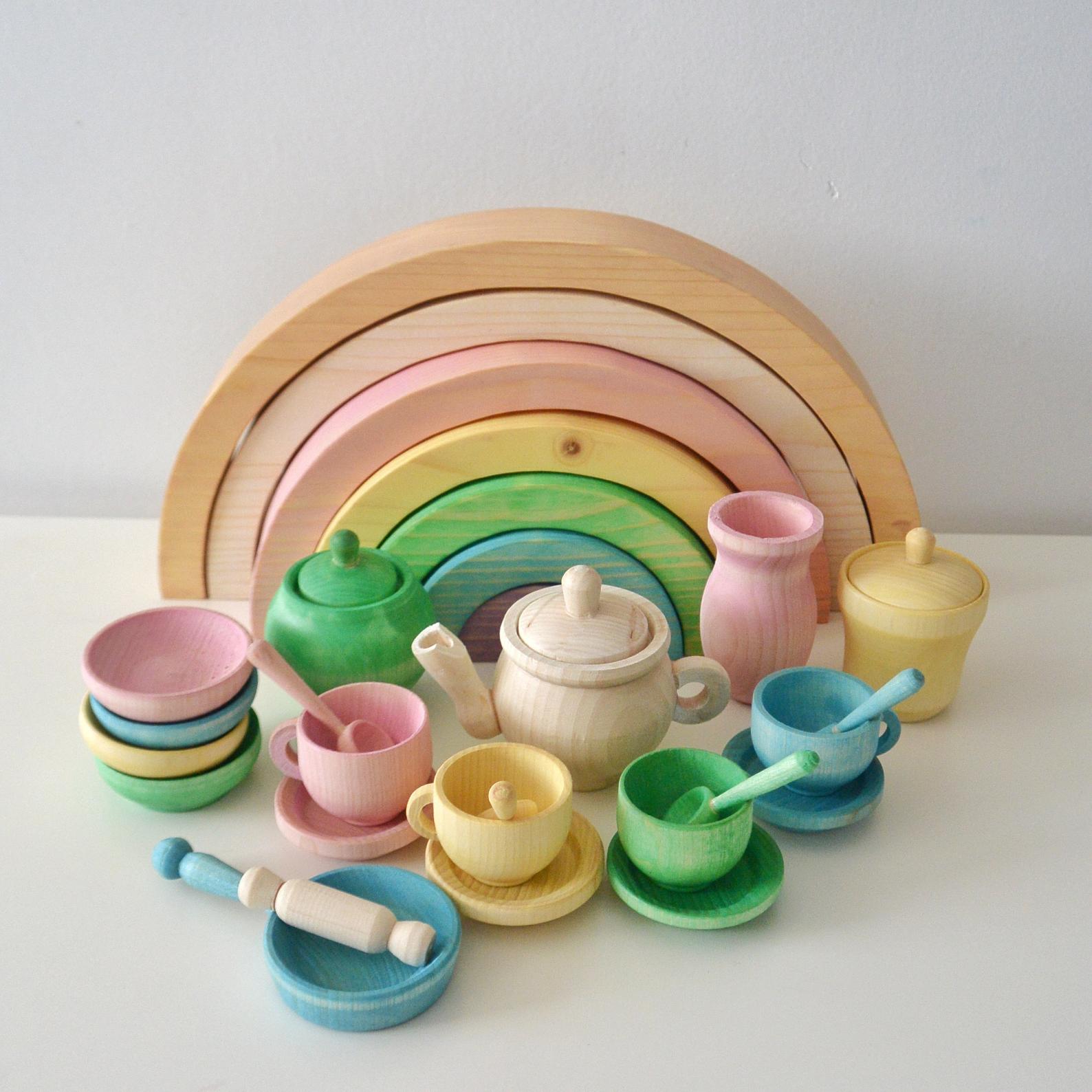 Dishes set Wood Toy Toy kitchen Pretend play Rainbow stacker Wooden tunnel Dishes Cookware Set Spring 22 pcs + Rainbow 7 pcs