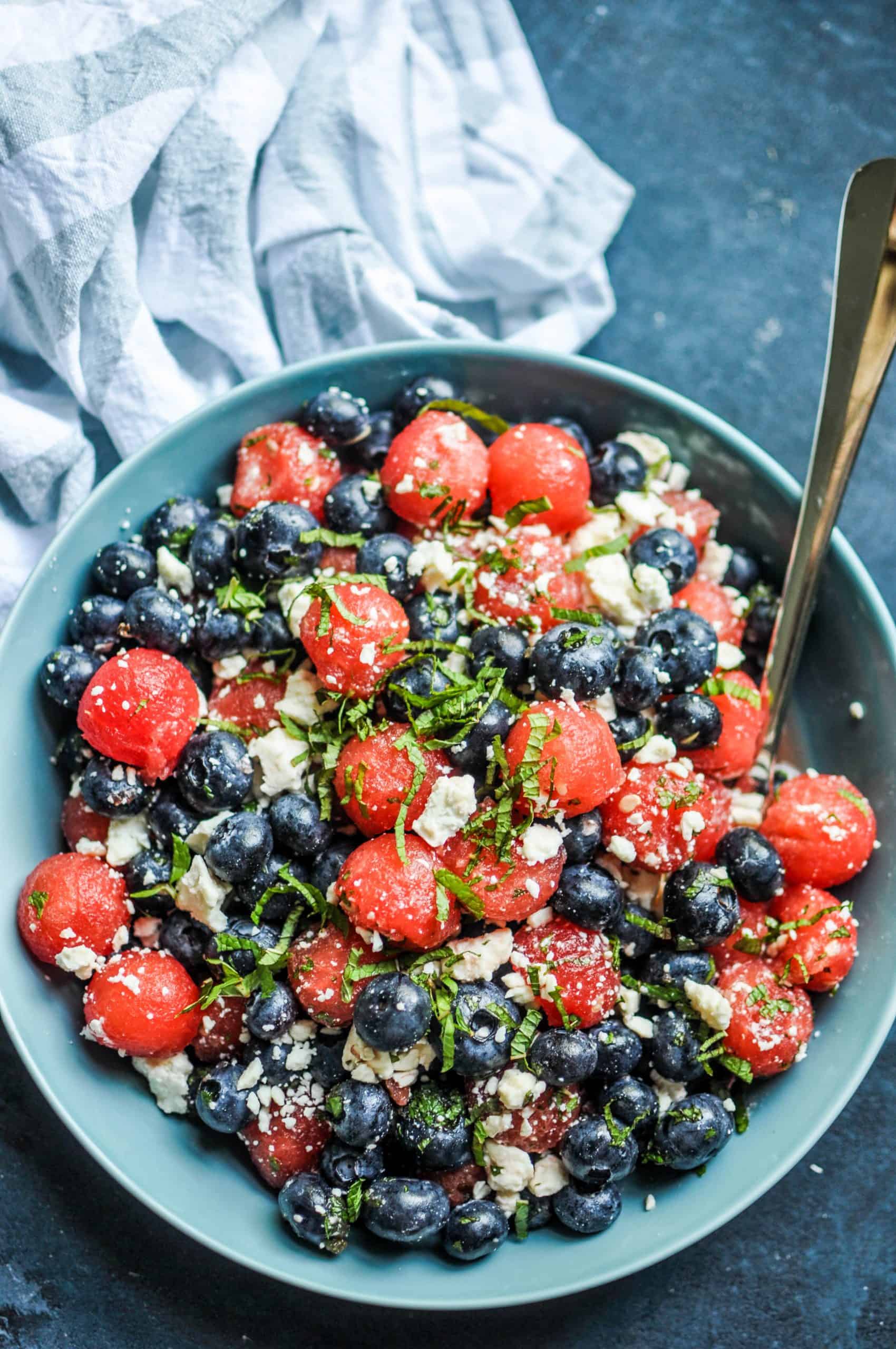 Watermelon, Blueberry, and Feta Salad on a grey plate