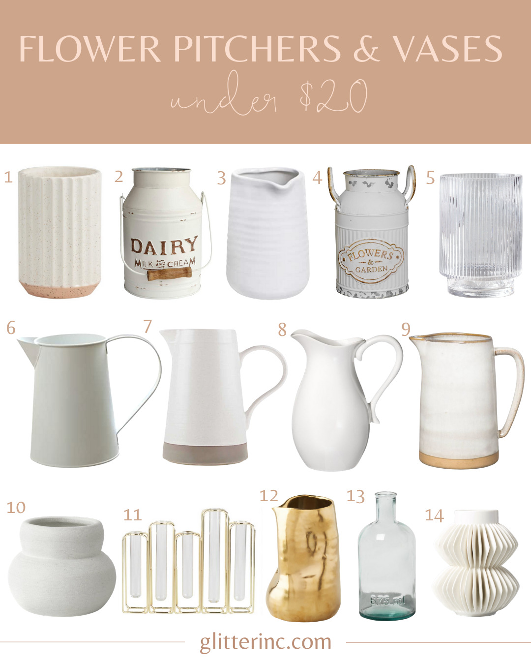 a collage of white pitchers and white Vases Under $20 