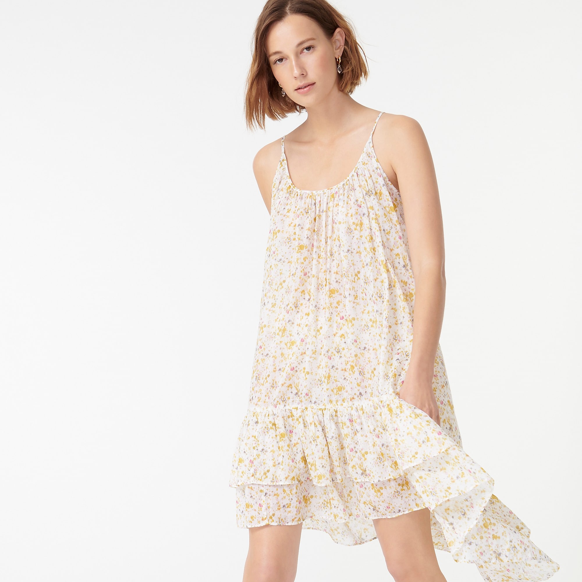 woman wearing J.Crew Tiered Cotton Voile Beach Dress in Soft Posies 