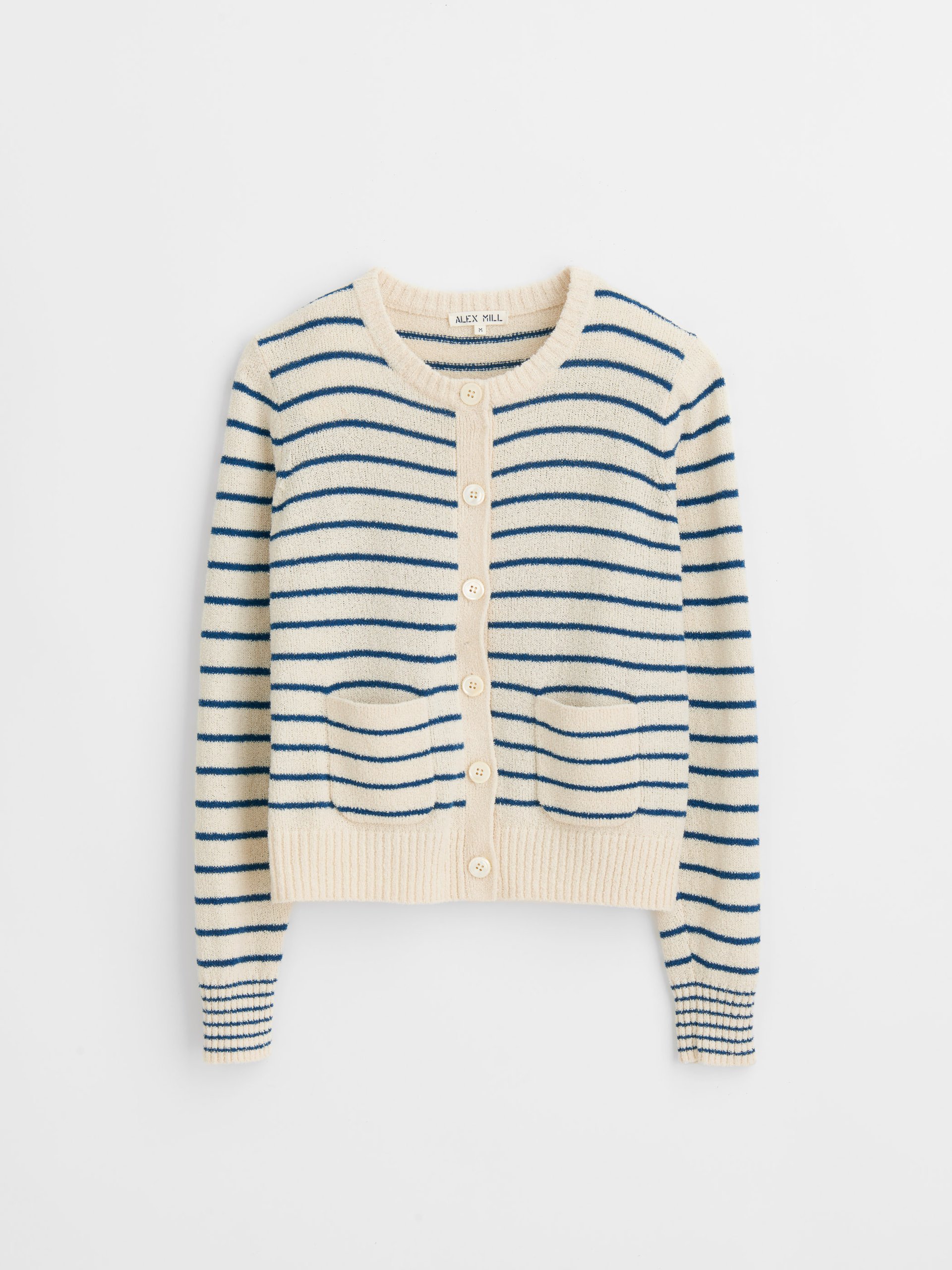 Alex Mill Stripe Honey Cardigan laid flat on a white surface