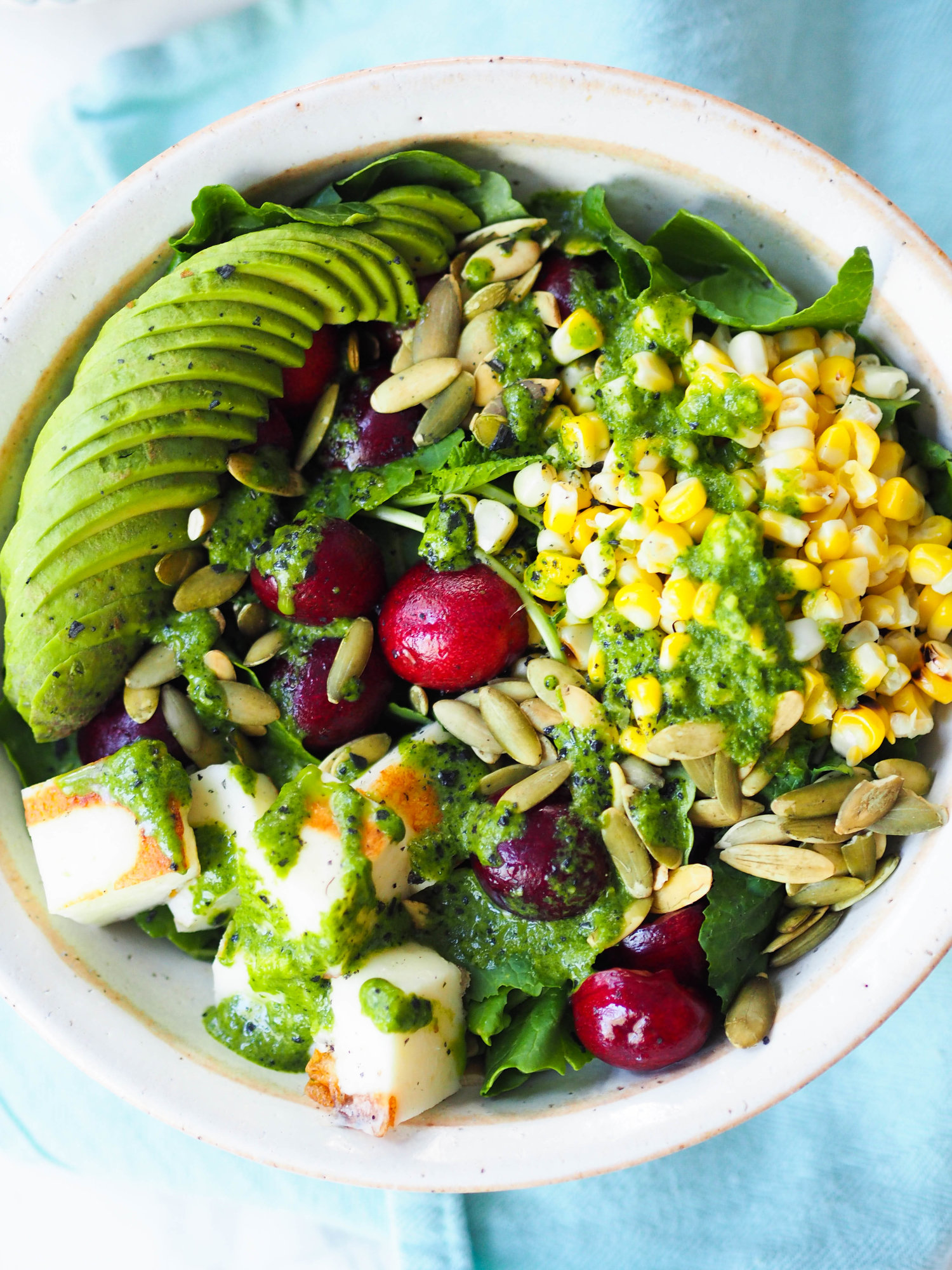 Baby Kale and Cherry Salad with Grilled Halloumi