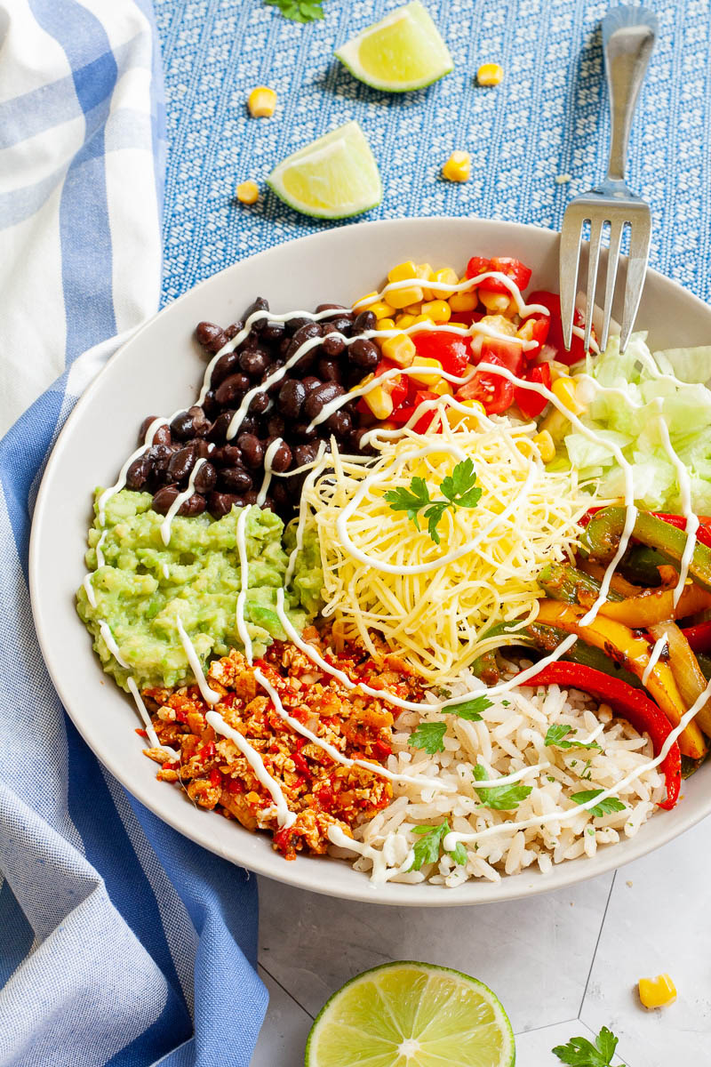 Copycat Chipotle Veggie Salad on a white bowl with fork